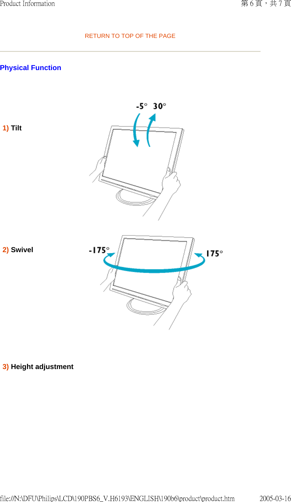 RETURN TO TOP OF THE PAGEPhysical Function 1) Tilt 2) Swivel 3) Height adjustment 第 6 頁,共 7 頁Product Information2005-03-16file://N:\DFU\Philips\LCD\190PBS6_V.H6193\ENGLISH\190b6\product\product.htm