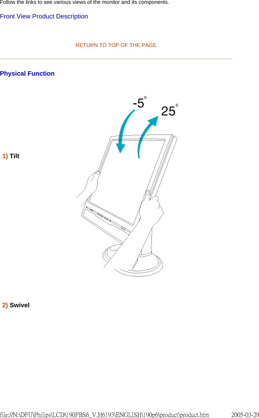 Follow the links to see various views of the monitor and its components.Front View Product Description RETURN TO TOP OF THE PAGE Physical Function 1) Tilt 2) Swivel 2005-03-29file://N:\DFU\Philips\LCD\190PBS6_V.H6193\ENGLISH\190p6\product\product.htm
