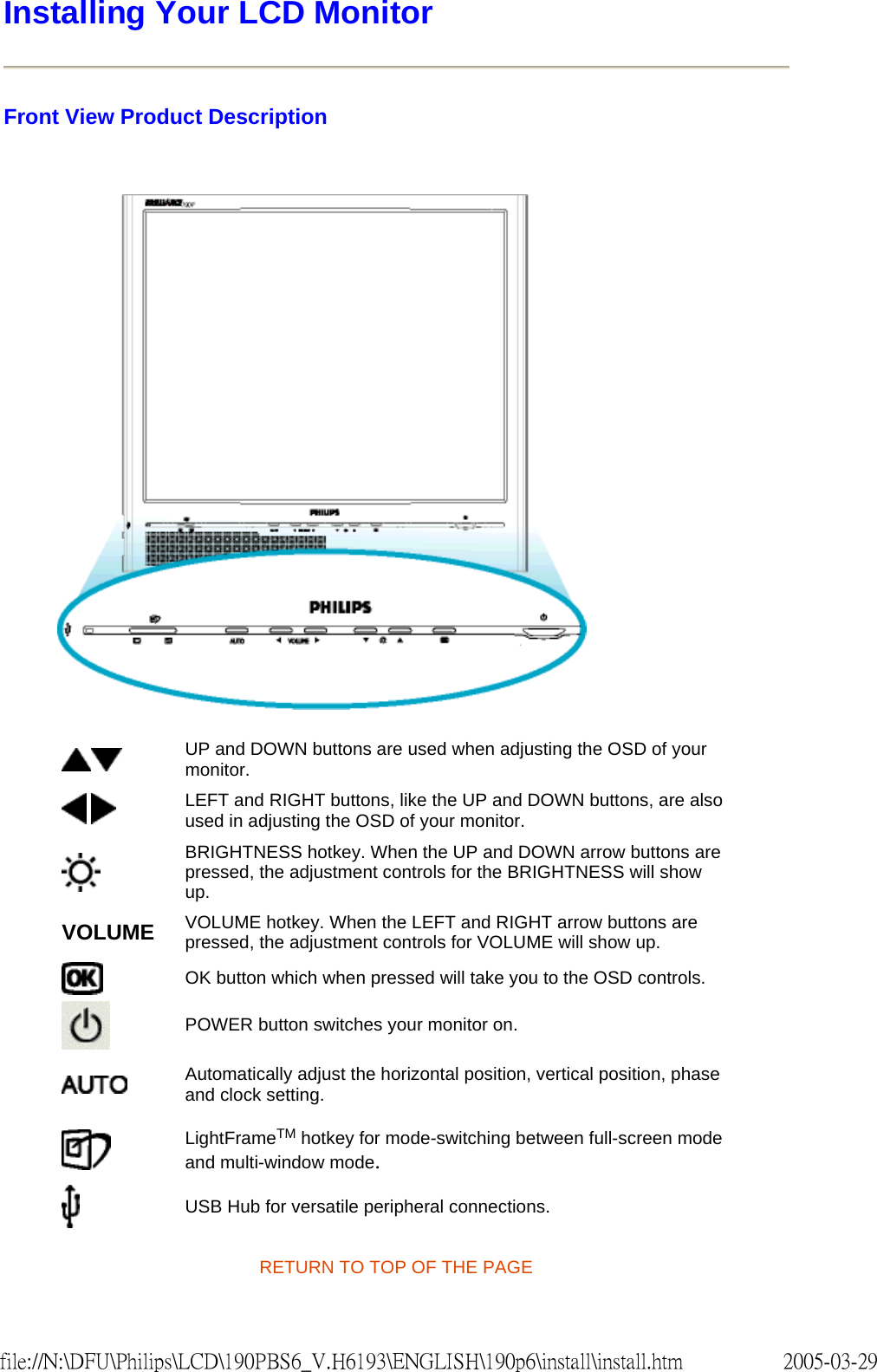 Installing Your LCD Monitor Front View Product Description RETURN TO TOP OF THE PAGE UP and DOWN buttons are used when adjusting the OSD of your monitor. LEFT and RIGHT buttons, like the UP and DOWN buttons, are also used in adjusting the OSD of your monitor.BRIGHTNESS hotkey. When the UP and DOWN arrow buttons are pressed, the adjustment controls for the BRIGHTNESS will show up.VOLUME VOLUME hotkey. When the LEFT and RIGHT arrow buttons are pressed, the adjustment controls for VOLUME will show up.OK button which when pressed will take you to the OSD controls.POWER button switches your monitor on.Automatically adjust the horizontal position, vertical position, phase and clock setting. LightFrameTM hotkey for mode-switching between full-screen mode and multi-window mode.USB Hub for versatile peripheral connections.2005-03-29file://N:\DFU\Philips\LCD\190PBS6_V.H6193\ENGLISH\190p6\install\install.htm