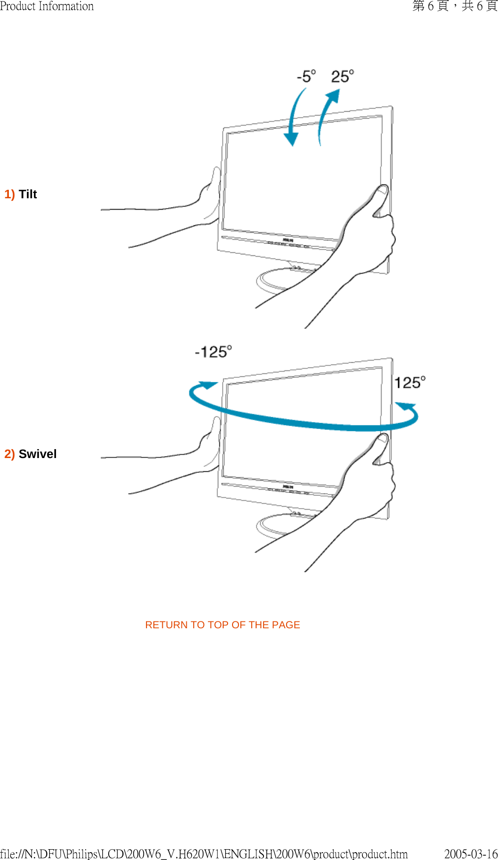   RETURN TO TOP OF THE PAGE1) Tilt2) Swivel第 6 頁，共 6 頁Product Information2005-03-16file://N:\DFU\Philips\LCD\200W6_V.H620W1\ENGLISH\200W6\product\product.htm