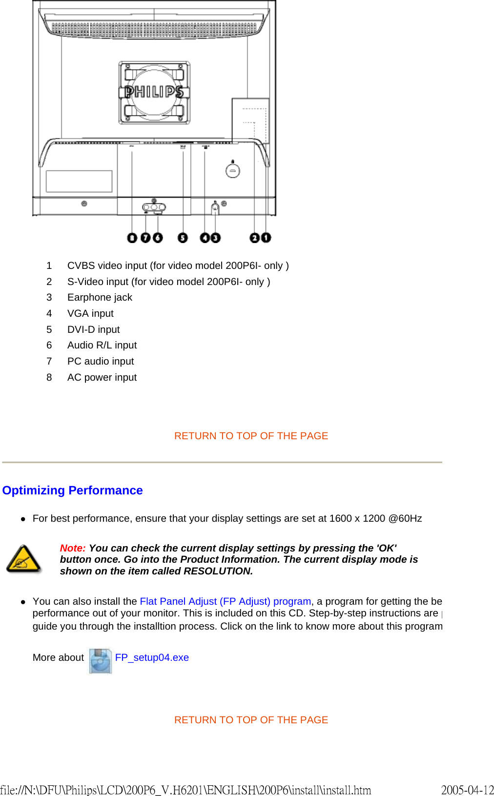    RETURN TO TOP OF THE PAGE  Optimizing Performance  zFor best performance, ensure that your display settings are set at 1600 x 1200 @60Hz  zYou can also install the Flat Panel Adjust (FP Adjust) program, a program for getting the beperformance out of your monitor. This is included on this CD. Step-by-step instructions are pguide you through the installtion process. Click on the link to know more about this programMore about  FP_setup04.exe   RETURN TO TOP OF THE PAGE  1 CVBS video input (for video model 200P6I- only )2 S-Video input (for video model 200P6I- only )3 Earphone jack 4 VGA input5 DVI-D input6 Audio R/L input7 PC audio input8 AC power inputNote: You can check the current display settings by pressing the &apos;OK&apos; button once. Go into the Product Information. The current display mode is shown on the item called RESOLUTION.2005-04-12file://N:\DFU\Philips\LCD\200P6_V.H6201\ENGLISH\200P6\install\install.htm