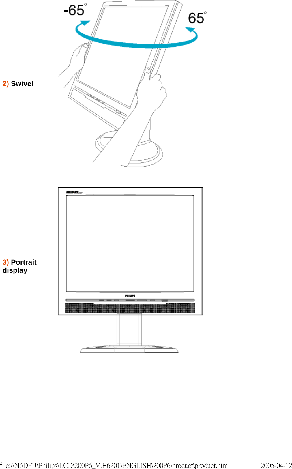 2) Swivel3) Portrait display    2005-04-12file://N:\DFU\Philips\LCD\200P6_V.H6201\ENGLISH\200P6\product\product.htm