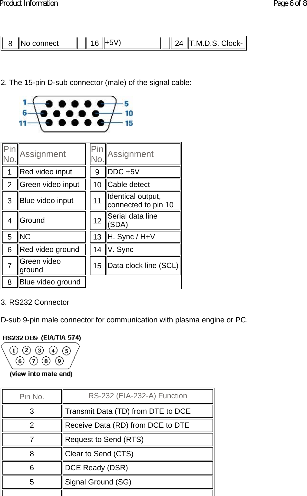   2. The 15-pin D-sub connector (male) of the signal cable:   3. RS232 Connector D-sub 9-pin male connector for communication with plasma engine or PC.  8   No connect  16 +5V) 24 T.M.D.S. Clock-Pin No. Assignment Pin No. Assignment1   Red video input  9   DDC +5V 2   Green video input 10   Cable detect3   Blue video input 11   Identical output, connected to pin 104   Ground 12   Serial data line (SDA)5   NC 13   H. Sync / H+V6   Red video ground 14   V. Sync7   Green video ground 15   Data clock line (SCL)8   Blue video groundPin No.   RS-232 (EIA-232-A) Function 3 Transmit Data (TD) from DTE to DCE 2 Receive Data (RD) from DCE to DTE 7 Request to Send (RTS) 8 Clear to Send (CTS) 6 DCE Ready (DSR) 5 Signal Ground (SG) Page 6 of 8Product Information