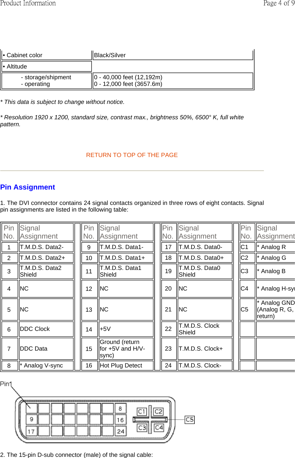 * This data is subject to change without notice. * Resolution 1920 x 1200, standard size, contrast max., brightness 50%, 6500° K, full white pattern.   RETURN TO TOP OF THE PAGE Pin Assignment 1. The DVI connector contains 24 signal contacts organized in three rows of eight contacts. Signal pin assignments are listed in the following table:   2. The 15-pin D-sub connector (male) of the signal cable:  • Cabinet color  Black/Silver• Altitude- storage/shipment - operating 0 - 40,000 feet (12,192m) 0 - 12,000 feet (3657.6m)Pin No.   Signal Assignment Pin No.   Signal Assignment Pin No. Signal Assignment Pin No. Signal Assignment1   T.M.D.S. Data2- 9   T.M.D.S. Data1- 17 T.M.D.S. Data0- C1 * Analog R2   T.M.D.S. Data2+ 10   T.M.D.S. Data1+ 18 T.M.D.S. Data0+ C2 * Analog G3   T.M.D.S. Data2 Shield 11   T.M.D.S. Data1 Shield 19 T.M.D.S. Data0 Shield C3 * Analog B4   NC 12   NC 20 NC C4 * Analog H-syn5   NC 13   NC 21 NC C5 * Analog GND(Analog R, G, return)6   DDC Clock  14   +5V 22 T.M.D.S. Clock Shield    7   DDC Data  15   Ground (return for +5V and H/V-sync) 23 T.M.D.S. Clock+    8   * Analog V-sync 16 Hot Plug Detect 24 T.M.D.S. Clock-    Page 4 of 9Product Information