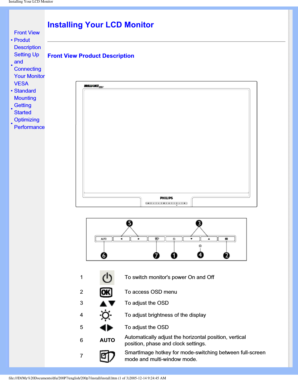 Installing Your LCD Monitor •Front View ProdutDescription•Setting Up andConnectingYour Monitor•VESAStandardMounting•GettingStarted•OptimizingPerformanceInstalling Your LCD MonitorFront View Product Description1 To switch monitor&apos;s power On and Off2To access OSD menu3To adjust the OSD4To adjust brightness of the display5To adjust the OSD6AUTO Automatically adjust the horizontal position, vertical position, phase and clock settings.7SmartImage hotkey for mode-switching between full-screen mode and multi-window mode.file:///D|/My%20Documents/dfu/200P7/english/200p7/install/install.htm (1 of 3)2005-12-14 9:24:45 AM