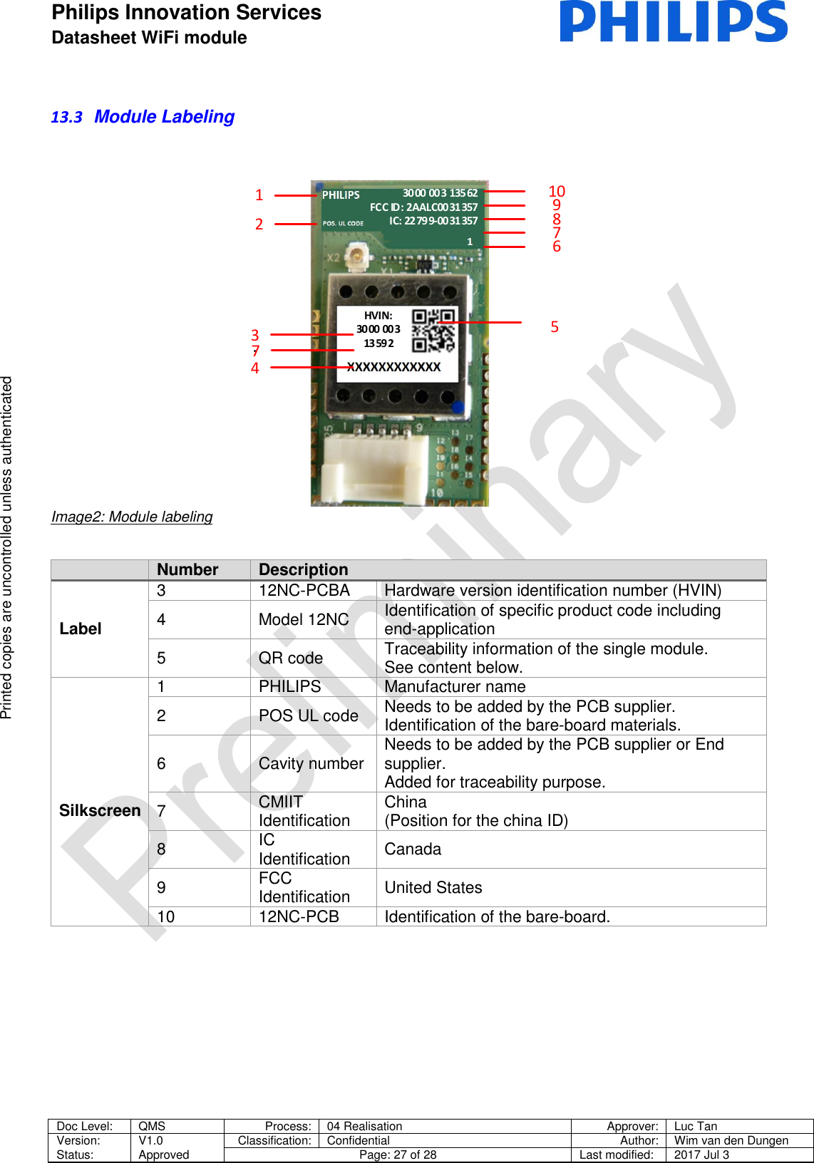 Philips Innovation Services  Datasheet WiFi module    Doc Level: QMS Process: 04 Realisation Approver: Luc Tan Version: Status: V1.0 Approved Classification: Confidential Author: Wim van den Dungen Page: 27 of 28 Last modified: 2017 Jul 3   Printed copies are uncontrolled unless authenticated Printed copies are uncontrolled unless authenticated 13.3  Module Labeling   3000 003 13562FCC ID: 2AALC0031357IC: 22799-0031357HVIN:3000 00313592345109867127 Image2: Module labeling    Number Description Label 3 12NC-PCBA Hardware version identification number (HVIN) 4 Model 12NC Identification of specific product code including end-application  5 QR code Traceability information of the single module. See content below.  Silkscreen 1 PHILIPS Manufacturer name 2 POS UL code  Needs to be added by the PCB supplier. Identification of the bare-board materials. 6 Cavity number Needs to be added by the PCB supplier or End supplier.  Added for traceability purpose. 7 CMIIT Identification China (Position for the china ID)  8 IC Identification Canada 9 FCC Identification United States 10 12NC-PCB Identification of the bare-board.     