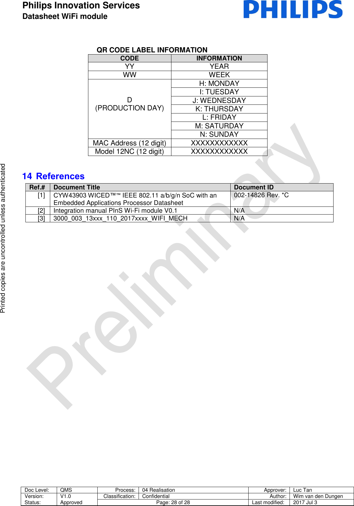 Philips Innovation Services  Datasheet WiFi module    Doc Level: QMS Process: 04 Realisation Approver: Luc Tan Version: Status: V1.0 Approved Classification: Confidential Author: Wim van den Dungen Page: 28 of 28 Last modified: 2017 Jul 3   Printed copies are uncontrolled unless authenticated Printed copies are uncontrolled unless authenticated                           QR CODE LABEL INFORMATION CODE INFORMATION YY YEAR WW WEEK   D (PRODUCTION DAY)   H: MONDAY I: TUESDAY J: WEDNESDAY K: THURSDAY L: FRIDAY M: SATURDAY N: SUNDAY MAC Address (12 digit) XXXXXXXXXXXX Model 12NC (12 digit) XXXXXXXXXXXX  14 References Ref.# Document Title Document ID  [1]   CYW43903 WICED&trade;&trade; IEEE 802.11 a/b/g/n SoC with an Embedded Applications Processor Datasheet 002-14826 Rev. *C [2]   Integration manual PInS Wi-Fi module V0.1 N/A [3]   3000_003_13xxx_110_2017xxxx_WIFI_MECH N/A         