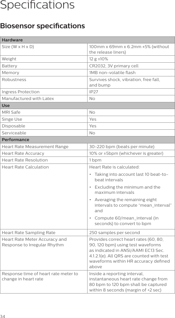 34SpecicationsBiosensor specicationsHardwareSize (W x H x D) 100mm x 69mm x 6.2mm &plusmn;5% (without the release liners)Weight 12 g &plusmn;10%Battery CR2032, 3V primary cellMemory 1MB non-volatile ashRobustness Survives shock, vibration, free fall,  and bump Ingress Protection IP27 Manufactured with Latex NoUseMRI Safe NoSinge Use YesDisposable YesServiceable NoPerformanceHeart Rate Measurement Range 30-220 bpm (beats per minute)Heart Rate Accuracy 10% or &plusmn;5bpm (whichever is greater)Heart Rate Resolution 1 bpmHeart Rate Calculation Heart Rate is calculated: &bull;  Taking into account last 10 beat-to-beat intervals&bull;  Excluding the minimum and the maximum intervals&bull;  Averaging the remaining eight intervals to compute &ldquo;mean_interval&rdquo; and &bull;  Compute 60/mean_interval (in seconds) to convert to bpmHeart Rate Sampling Rate 250 samples per secondHeart Rate Meter Accuracy and Response to Irregular RhythmProvides correct heart rates (60, 80, 90, 120 bpm) using test waveforms as indicated in ANSI/AAMI EC13 Sec. 4.1.2.1(e). All QRS are counted with test waveforms within HR accuracy dened aboveResponse time of heart rate meter to change in heart rateInside a reporting interval, instantaneous heart rate change from 80 bpm to 120 bpm shall be captured within 8 seconds (margin of +2 sec)