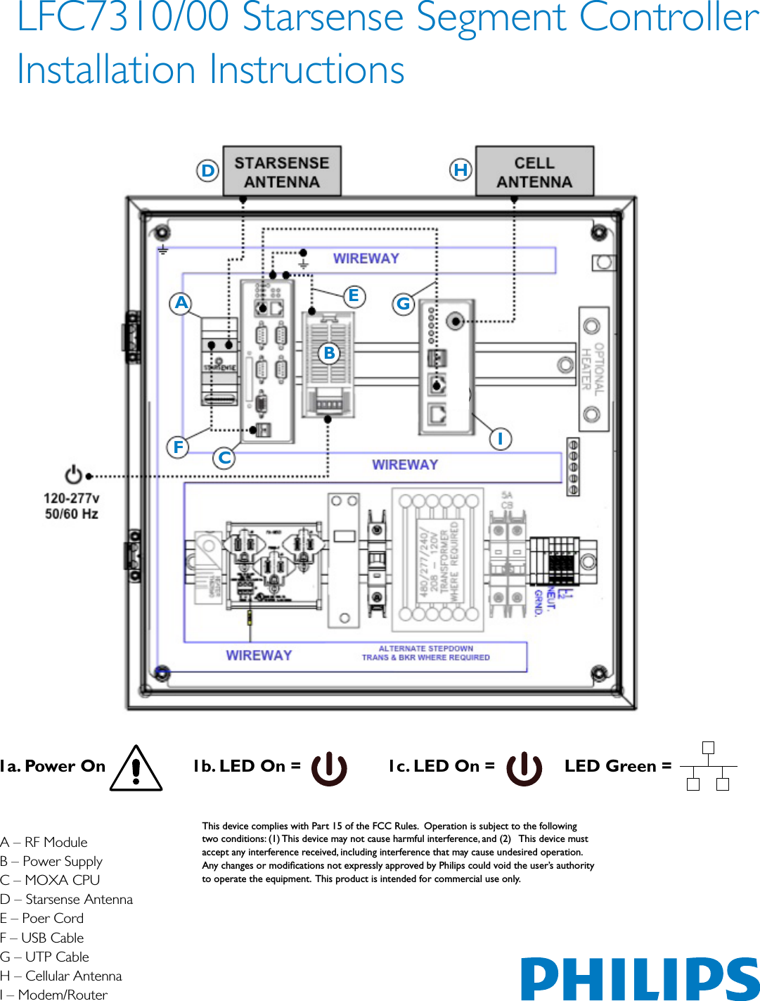 LFC7310/00 Starsense Segment Controller Installation InstructionsA – RF ModuleB – Power SupplyC – MOXA CPUD – Starsense AntennaE – Poer CordF – USB CableG – UTP CableH – Cellular AntennaI – Modem/RouterABEGIHDCF1a. Power On 1b. LED On = 1c. LED On =       LED Green =This device complies with Part 15 of the FCC Rules.  Operation is subject to the following two conditions: (1) This device may not cause harmful interference, and (2)   This device must accept any interference received, including interference that may cause undesired operation.  Any changes or modiﬁcations not expressly approved by Philips could void the user’s authority to operate the equipment.  This product is intended for commercial use only.