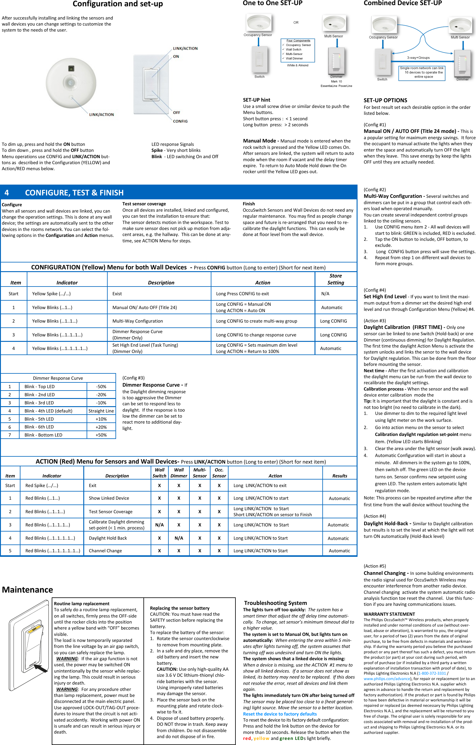 SET-UP OPTIONS For best result set each desirable option in the order listed below.  WARRANTY STATEMENT The Philips OccuSwitch™ Wireless products, when properly installed and under normal conditions of use (without over-load, abuse or alteration), is warranted to you, the original user, for a period of two (2) years from the date of original purchase, to be free from defects in materials and workman-ship. If during the warranty period you believe the purchased product or any part thereof has such a defect, you must return the product (or part) at your cost during such period, with proof of purchase (or if installed by a third party a written explanation of installation transaction with proof of date), to Philips Lighting Electronics N.A (1-800-372-3331 / www.philips.com/advance), for repair or replacement (or to an authorized Philips Lighting Electronics N.A. supplier which agrees in advance to handle the return and replacement by factory authorization). If the product or part is found by Philips to have been defective in material or workmanship it will be repaired or replaced (as deemed necessary by Philips Lighting Electronics N.A.), and the replacement will be returned to you free of charge. The original user is solely responsible for any costs associated with removal and re-installation of the prod-uct and shipping to Philips Lighting Electronics N.A. or its authorized supplier.  Troubleshooting System The lights turn off too quickly:  The system has a smart timer that adjust the off delay time automati-cally.  To change, set sensor’s minimum timeout dial to a higher value. The system is set to Manual ON, but lights turn on automatically:  When entering the area within 5 min-utes after lights turning off, the system assumes that turning off was undesired and turn ON the lights. The system shows that a linked device is missing:  When a device is missing, use the ACTION  #1 menu to show all linked devices.  If a sensor does not show as linked, its battery may need to be replaced.  If this does not resolve the error, reset all devices and link them again. The lights immediately turn ON after being turned off The sensor may be placed too close to a (heat generat-ing) light source. Move the sensor to a better location. Reset the device to factory defaults To reset the device to its factory default configuration: Press and hold the link button on the device for more than 10 seconds. Release the button when the red, yellow and green LEDs light briefly. Maintenance Routine lamp replacement To safely do a routine lamp replacement, on all switches, firmly press the OFF-side until the rocker clicks into the position where a yellow band with “OFF” becomes visible. The load is now temporarily separated from the line voltage by an air gap switch, so you can safely replace the lamp.   WARNING:  If the air gap function is not used, the power may be switched ON unintentionally by the sensor while replac-ing the lamp. This could result in serious injury or death.   WARNING:  For any procedure other than lamp replacement, power must be disconnected at the main electric panel. Use approved LOCK-OUT/TAG-OUT proce-dures to insure that the circuit is not acti-vated accidently.  Working with power ON is unsafe and can result in serious injury or death. Replacing the sensor battery CAUTION: You must have read the SAFETY section before replacing the battery. To replace the battery of the sensor: 1.  Rotate the sensor counterclockwise to remove from mounting plate. 2.  In a safe and dry place, remove the old battery and insert the new battery. CAUTION: Use only high-quality AA size 3.6 V DC lithium-thionyl chlo-ride batteries with the sensor.  Using improperly rated batteries may damage the sensor. 3.  Place the sensor back on the mounting plate and rotate clock-wise to fix it. 4.  Dispose of used battery properly. DO NOT throw in trash. Keep away from children. Do not disassemble and do not dispose of in fire.  4 CONFIGURE, TEST &amp; FINISH Configure When all sensors and wall devices are linked, you can change the operation settings. This is done at any wall device; the settings are automatically sent to the other devices in the rooms network. You can select the fol-lowing options in the Configuration and Action menus. (Config #4) Set High End Level - If you want to limit the maxi-mum output from a dimmer set the desired high end level and run through Configuration Menu (Yellow) #4. After successfully installing and linking the sensors and wall devices you can change settings to customize the system to the needs of the user.  Configuration and set-up To dim up, press and hold the ON button  To dim down , press and hold the OFF button  Menu operations use CONFIG and LINK/ACTION but-tons as  described in the Configuration (YELLOW) and Action/RED menus below. CONFIGURATION (Yellow) Menu for both Wall Devices  - Press CONFIG button (Long to enter) (Short for next item) Item  Description  Action Store  Setting Indicator Start  Yellow Spike (…/…)  Exist  Long Press CONFIG to exit   N/A 1  Yellow Blinks (…1…)  Manual ON/ Auto OFF (Title 24)  Long CONFIG = Manual ON Long ACTION = Auto ON   Automatic 2  Yellow Blinks (…1..1…)  Multi-Way Configuration  Long CONFIG to create multi-way group  Long CONFIG 3  Yellow Blinks (…1..1..1…) Dimmer Response Curve (Dimmer Only)  Long CONFIG to change response curve  Long CONFIG 4  Yellow Blinks (…1..1..1..1…) Set High End Level (Task Tuning) (Dimmer Only) Long CONFIG = Sets maximum dim level Long ACTION = Return to 100%  Automatic ACTION (Red) Menu for Sensors and Wall Devices- Press LINK/ACTION button (Long to enter) (Short for next item) Item  Indicator  Description Wall Switch Wall  Dimmer Multi-Sensor Occ. Sensor  Action  Results Start  Red Spike (…/…)  Exit  X  X  X  X  Long  LINK/ACTION to exit    1  Red Blinks (…1…)  Show Linked Device  X  X  X  X  Long  LINK/ACTION to start   Automatic 2  Red Blinks (…1..1…)  Test Sensor Coverage  X  X  X  X  Long LINK/ACTION  to Start Short LINK/ACTION on sensor to Finish   3  Red Blinks (…1..1..1…) Calibrate Daylight dimming set-point (&lt; 1 min. process)  N/A  X  X  X  Long LINK/ACTION  to Start  Automatic 4  Red Blinks (…1..1..1..1…)  Daylight Hold Back  X  N/A  X  X  Long LINK/ACTION to Start  Automatic 5  Red Blinks (…1..1..1..1..1…)  Channel Change  X  X  X  X  Long LINK/ACTION to Start   Automatic SET-UP hint Use a small screw drive or similar device to push the Menu buttons. Short button press :  &lt; 1 second Long button  press:  &gt; 2 seconds Test sensor coverage Once all devices are installed, linked and configured, you can test the installation to ensure that: The sensor detects motion in the workspace. Test to make sure sensor does not pick up motion from adja-cent areas, e.g. the hallway.  This can be done at any-time, see ACTION Menu for steps. (Config #2) Multi-Way Configuration - Several switches and dimmers can be put in a group that control each oth-ers load when operated manually.  You can create several independent control groups linked to the ceiling sensors.    1.  Use CONFIG menu item 2 - All wall devices will start to blink: GREEN is included, RED is excluded. 2.  Tap the ON button to include, OFF bottom, to exclude.   3.   Long  CONFIG button press will save the settings. 4.  Repeat from step 1 on different wall devices to form more groups. (Config #3) Dimmer Response Curve - If the Daylight dimming response is too aggressive the Dimmer can be set to respond less to daylight.  If the response is too low the dimmer can be set to react more to additional day-light. Dimmer Response Curve 1  Blink - Top LED  -50% 2  Blink - 2nd LED  -20% 3  Blink - 3rd LED  -10% 4  Blink - 4th LED (default)  Straight Line 5  Blink - 5th LED  +10% 6  Blink - 6th LED  +20% 7  Blink - Bottom LED  +50% (Action #3) Daylight Calibration  (FIRST TIME) - Only one sensor can be linked to one Switch (Hold-back) or one Dimmer (continuous dimming) for Daylight Regulation.  The first time the daylight Action Menu is activate the system unlocks and links the senor to the wall device for Daylight regulation. This can be done from the floor before mounting the sensor.   Next time - After the first activation and calibration the daylight menu can be run from the wall device to recalibrate the daylight settings.   Calibration process - When the sensor and the wall device enter calibration  mode the  Tip: It is important that the daylight is constant and is not too bright (no need to calibrate in the dark). 1.  Use dimmer to dim to the required light level using light meter on the work surface. 2.  Go into action menu on the sensor to select Calibration daylight regulation set-point menu item. (Yellow LED starts Blinking) 3.  Clear the area under the light sensor (walk away). 4.  Automatic Configuration will start in about a minute.  All dimmers in the system go to 100%, then switch off. The green LED on the device turns on. Sensor confirms new setpoint using green LED. The system enters automatic light regulation mode. Note: This process can be repeated anytime after the first time from the wall device without touching the (Config #1)  Manual ON / AUTO OFF (Title 24 mode) - This is a popular setting for maximum energy savings.  It force the occupant to manual activate the lights when they enter the space and automatically turn OFF the light when they leave.  This save energy by keep the lights OFF until they are actually needed. Finish OccuSwitch Sensors and Wall Devices do not need any regular maintenance.  You may find as people change space and future is re-arranged that you need to re-calibrate the daylight functions.  This can easily be done at floor level from the wall device. (Action #5) Channel Changing - In some building environments the radio signal used for OccuSwitch Wireless may encounter interference from another radio device.  Channel changing  activate the system automatic radio analysis function toe reset the channel.  Use this func-tion if you are having communications issues. Manual Mode - Manual mode is entered when the rock switch is pressed and the Yellow LED comes On.  After sensors are linked, the system will return to auto mode when the room if vacant and the delay timer expire.  To return to Auto Mode Hold down the On rocker until the Yellow LED goes out.  One to One SET-UP  Combined Device SET-UP LED response Signals Spike - Very short blinks Blink  - LED switching On and Off (Action #4) Daylight Hold-Back - Similar to Daylight calibration but results is to set the level at which the light will not turn ON automatically (Hold-Back level) 