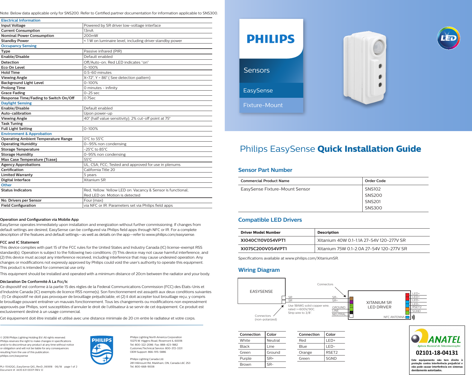 SensorsEasySenseFixture-Mount Philips EasySense Quick Installation GuideCommercial Product Name Order CodeEasySense Fixture-Mount Sensor SNS102  SNS200  SNS201SNS300Connection  ColorWhite NeutralBlack LineGreen GroundPurple SR+Brown SR-Compatible LED DriversSensor Part NumberDriver Model Number DescriptionXI040C110V054VPT1 Xitanium 40W 0.1-1.1A 27-54V 120-277V SRXI075C200V054VPT1 Xitanium 75W 0.1-2.0A 27-54V 120-277V SRSpecications available at www.philips.com/XitaniumSR.  Note: Below data applicable only for SNS200. Refer to Certied partner documentation for information applicable to SNS300.Wiring DiagramXITANIUM SR LED DRIVEREASYSENSE LED+LED+LED-LED-RSET2SGNDNFC ANTENNASR-Connectors SR+SRSRLINENEUTRALGROUND NCConnectors(non-polarized) Use 18AWG solid copper wire, rated >=600V/90C.  Strip wire to 3/8&rdquo;.Electrical InformationInput Voltage Powered by SR driver low-voltage interfaceCurrent Consumption  13mANominal Power Consumption 200mWStandby Power < 1 W on luminaire level, including driver standby powerOccupancy SensingType Passive infrared (PIR)Enable/Disable Default enabledDetection O/Auto-on; Red LED indicates &ldquo;on&rdquo;Eco On Level   0-100%Hold Time 0.5-60 minutesViewing Angle X=72&deg;, Y = 86&deg; ( See detection pattern)Background Light Level 0-100%Prolong Time 0 minutes - innityGrace Fading 0-25 secResponse Time/Fading to Switch On/O  0.7SecDaylight SensingEnable/Disable Default enabledAuto-calibration Upon power-upViewing Angle 40&deg; (half value sensitivity); 2% cut-o point at 75&deg;Task TuningFull Light Setting 0-100%Environment &amp; ApprobationOperating Ambient Temperature Range 0&deg;C to 55&deg;COperating Humidity 0&ndash;95% non condensingStorage Temperature -25&deg;C to 85&deg;CStorage Humidity 0-95% non condensingMax Case Temperature (Tcase) 55&deg;CAgency Approbations UL, CSA; FCC; Tested and approved for use in plenumsCertication California Title 20Limited Warranty 5 yearsDigital Interface Xitanium SROtherStatus Indicators Red, Yellow. Yellow LED on: Vacancy &amp; Sensor is functional;  Red LED on: Motion is detectedNo. Drivers per Sensor Four (max)Field Conguration via NFC or IR. Parameters set via Philips eld apps&copy; 2018 Philips Lighting Holding B.V. All rights reserved.  Philips reserves the right to make changes in specications  and/or to discontinue any product at any time without notice  or obligation and will not be liable for any consequences  resulting from the use of this publication.philips.com/easysensePhilips Lighting North America Corporation10275 W. Higgins Road, Rosemont IL 60018Tel: 800-322-2086  Fax: 888-423-1882Customer/Technical Service: 800-372-3331OEM Support: 866-915-5886Philips Lighting Canada Ltd.281 Hillmount Rd, Markham, ON, Canada L6C 2S3Tel. 800-668-9008PLt-15142QG_EasySense QIG_RevD_061818  06/18  page 1 of 2Document #: 4435 631 00371 REV. DOperation and Conguration via Mobile App EasySense operates immediately upon installation and energization without further commissioning. If changes from  default settings are desired, EasySense can be congured via Philips eld apps through NFC or IR. For a complete  description of the features and default settings&mdash;as well as details on the app&mdash;refer to www.philips.com/easysense. FCC and IC Statement This device complies with part 15 of the FCC rules for the United States and Industry Canada (IC) license-exempt RSS  standard(s). Operation is subject to the following two conditions: (1) This device may not cause harmful interference, and (2) this device must accept any interference received, including interference that may cause undesired operation. Any changes or modications not expressly approved by Philips could void the user&rsquo;s authority to operate this equipment.  This product is intended for commercial use only.This equipment should be installed and operated with a minimum distance of 20cm between the radiator and your body.D&eacute;claration De Conformit&eacute; &Agrave; La Fcc/Ic Ce dispositif est conforme &agrave; la partie 15 des r&egrave;gles de la Federal Communications Commission (FCC) des &Eacute;tats-Unis et d&rsquo;Industrie Canada (IC) exempts de licence RSS norme(s). Son fonctionnement est assujetti aux deux conditions suivantes : (1) Ce dispositif ne doit pas provoquer de brouillage pr&eacute;judiciable, et (2) il doit accepter tout brouillage re&ccedil;u, y compris le brouillage pouvant entra&icirc;ner un mauvais fonctionnement. Tous les changements ou modications non express&eacute;ment approuv&eacute;s par Philips, sont susceptibles d&rsquo;annuler le droit de l&rsquo;utilisateur &agrave; se servir de cet &eacute;quipement. Ce produit est exclusivement destin&eacute; &agrave; un usage commercial.Cet &eacute;quipement doit &ecirc;tre install&eacute; et utilis&eacute; avec une distance minimale de 20 cm entre le radiateur et votre corps.Connection  ColorRed LED+Blue LED-Orange RSET2Green SGND