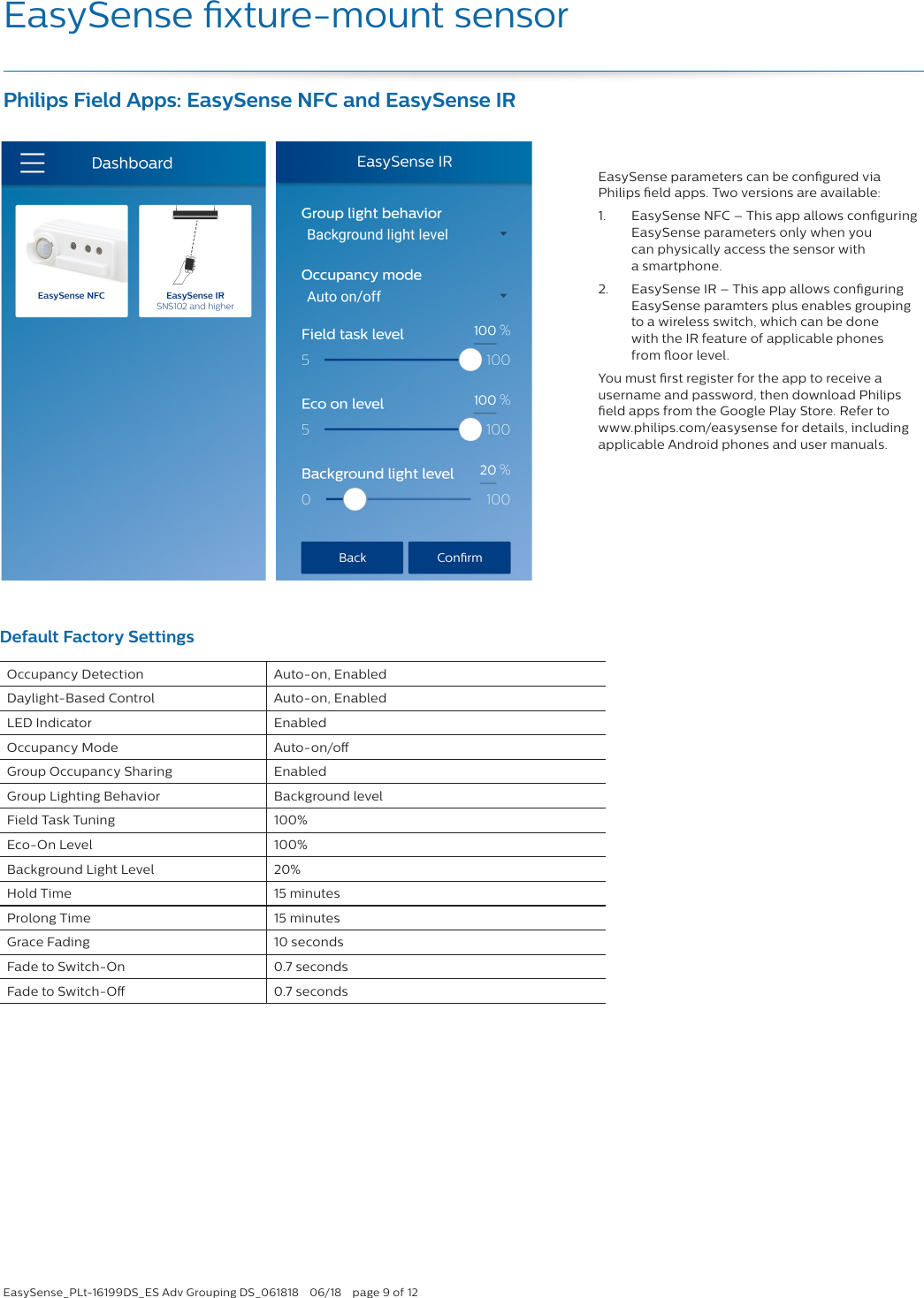 EasySense_PLt-16199DS_ES Adv Grouping DS_061818  06/18  page 9 of 12EasySense xture-mount sensorPhilips Field Apps: EasySense NFC and EasySense IRDefault Factory SettingsOccupancy Detection Auto-on, EnabledDaylight-Based Control Auto-on, EnabledLED Indicator EnabledOccupancy Mode Auto-on/oGroup Occupancy Sharing EnabledGroup Lighting Behavior Background levelField Task Tuning 100%Eco-On Level 100%Background Light Level 20%Hold Time 15 minutesProlong Time 15 minutesGrace Fading 10 secondsFade to Switch-On 0.7 secondsFade to Switch-O 0.7 secondsEasySense parameters can be congured via Philips eld apps. Two versions are available:1.  EasySense NFC – This app allows conguring EasySense parameters only when you  can physically access the sensor with  a smartphone.2.  EasySense IR – This app allows conguring EasySense paramters plus enables grouping to a wireless switch, which can be done  with the IR feature of applicable phones  from oor level. You must rst register for the app to receive a  username and password, then download Philips eld apps from the Google Play Store. Refer to www.philips.com/easysense for details, including applicable Android phones and user manuals.