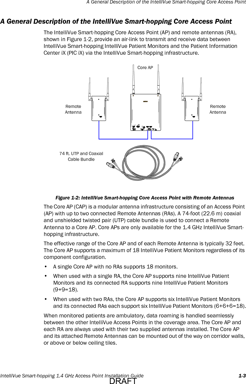 A General Description of the IntelliVue Smart-hopping Core Access PointIntelliVue Smart-hopping 1.4 GHz Access Point Installation Guide 1-3A General Description of the IntelliVue Smart-hopping Core Access PointThe IntelliVue Smart-hopping Core Access Point (AP) and remote antennas (RA), shown in Figure 1-2, provide an air-link to transmit and receive data between IntelliVue Smart-hopping IntelliVue Patient Monitors and the Patient Information Center iX (PIC iX) via the IntelliVue Smart-hopping infrastructure.Figure 1-2: IntelliVue Smart-hopping Core Access Point with Remote AntennasThe Core AP (CAP) is a modular antenna infrastructure consisting of an Access Point (AP) with up to two connected Remote Antennas (RAs). A 74-foot (22.6 m) coaxial and unshielded twisted pair (UTP) cable bundle is used to connect a Remote Antenna to a Core AP. Core APs are only available for the 1.4 GHz IntelliVue Smart-hopping infrastructure.The effective range of the Core AP and of each Remote Antenna is typically 32 feet. The Core AP supports a maximum of 18 IntelliVue Patient Monitors regardless of its component configuration. • A single Core AP with no RAs supports 18 monitors.• When used with a single RA, the Core AP supports nine IntelliVue PatientMonitors and its connected RA supports nine IntelliVue Patient Monitors(9+9=18).•When used with two RAs, the Core AP supports six IntelliVue Patient Monitorsand its connected RAs each support six IntelliVue Patient Monitors (6+6+6=18).When monitored patients are ambulatory, data roaming is handled seamlessly between the other IntelliVue Access Points in the coverage area. The Core AP and each RA are always used with their two supplied antennas installed. The Core AP and its attached Remote Antennas can be mounted out of the way on corridor walls, or above or below ceiling tiles.Core APRemoteAntennaRemoteAntenna74 ft. UTP and Coaxial Cable BundleDRAFT