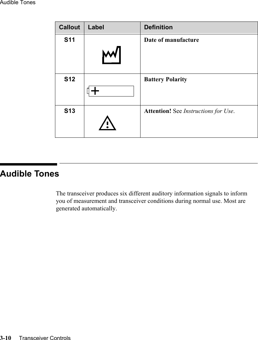 Audible Tones3-10     Transceiver Controls   Audible TonesThe transceiver produces six different auditory information signals to inform you of measurement and transceiver conditions during normal use. Most are generated automatically.S11 Date of manufactureS12 Battery PolarityS13 Attention! See Instructions for Use.Callout Label Definition