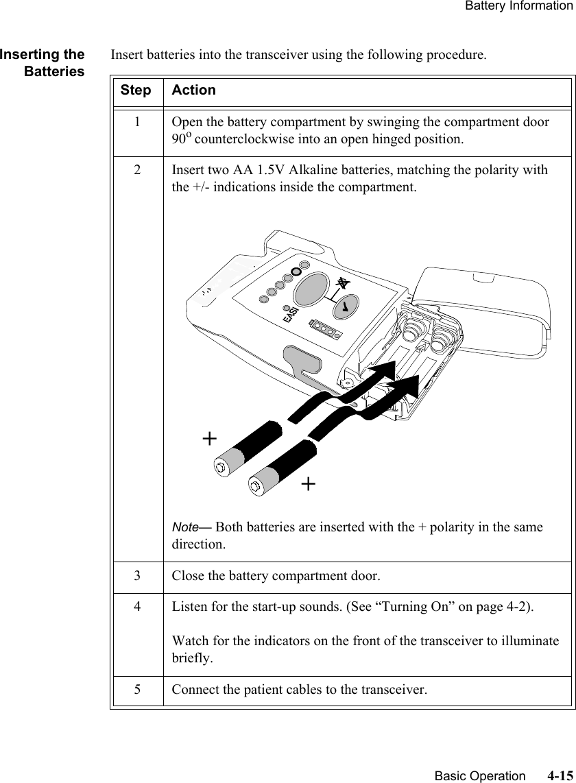Battery Information   Basic Operation      4-15Inserting theBatteriesInsert batteries into the transceiver using the following procedure.Step Action1 Open the battery compartment by swinging the compartment door 90o counterclockwise into an open hinged position.2 Insert two AA 1.5V Alkaline batteries, matching the polarity with the +/- indications inside the compartment.Note— Both batteries are inserted with the + polarity in the same direction.3 Close the battery compartment door.4 Listen for the start-up sounds. (See “Turning On” on page 4-2).Watch for the indicators on the front of the transceiver to illuminate briefly.5 Connect the patient cables to the transceiver.++