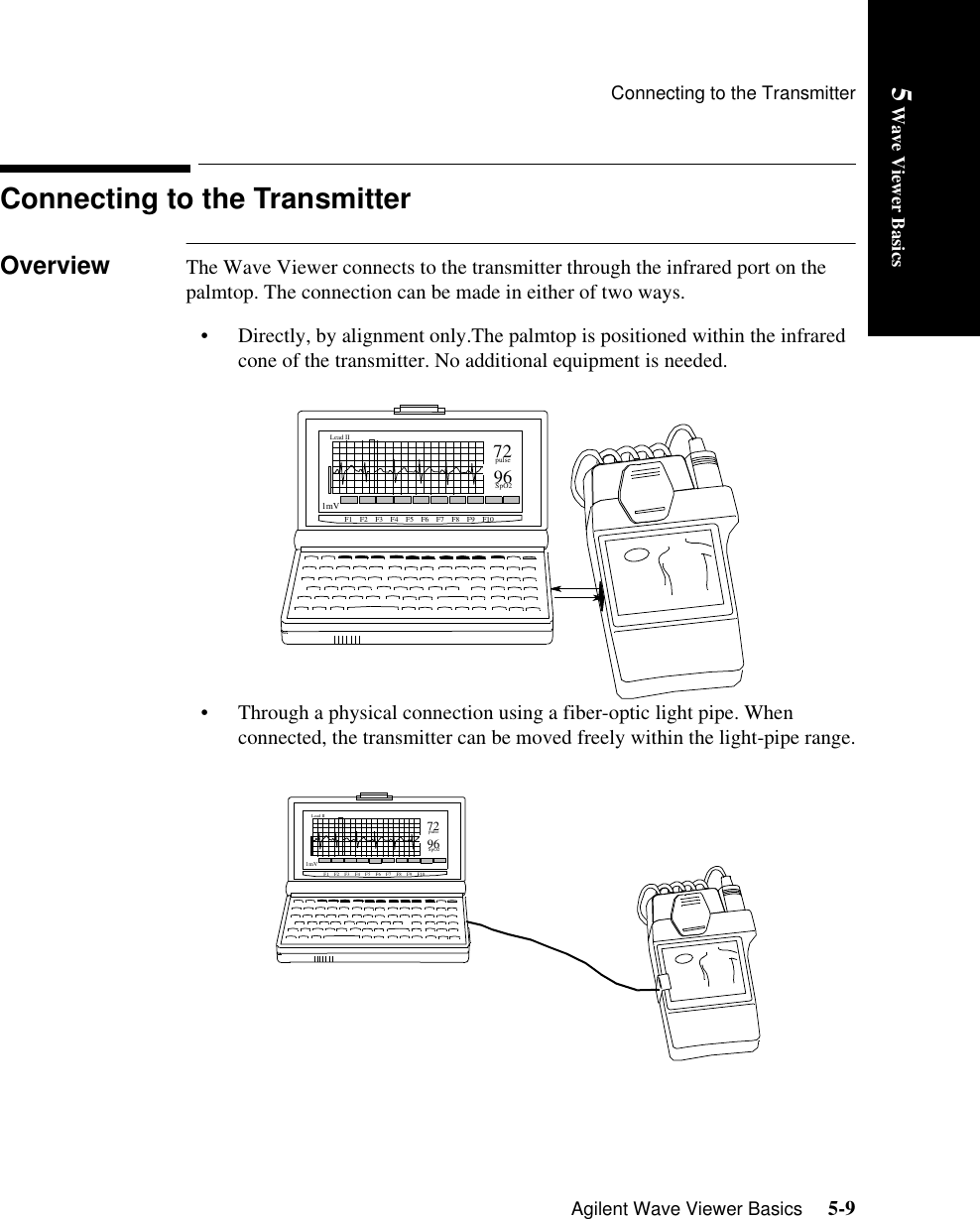 Connecting to the TransmitterAgilent Wave Viewer Basics     5-95 Wave Viewer BasicsConnecting to the TransmitterOverview The Wave Viewer connects to the transmitter through the infrared port on the palmtop. The connection can be made in either of two ways. • Directly, by alignment only.The palmtop is positioned within the infrared cone of the transmitter. No additional equipment is needed. • Through a physical connection using a fiber-optic light pipe. When connected, the transmitter can be moved freely within the light-pipe range.EstimateHRSystemSetupSystemInfoSpO2QualitySpO2NumbersECGScreenHelpMenu7296pulseSpO2Lead II1mVF1    F2    F3    F4    F5    F6    F7    F8    F9    F10EstimateHRSystemSetupSystemInfoSpO2QualitySpO2NumbersECGScreenHelpMenu7296pulseSpO2Lead II1mVF1    F2    F3    F4    F5    F6    F7    F8    F9    F10