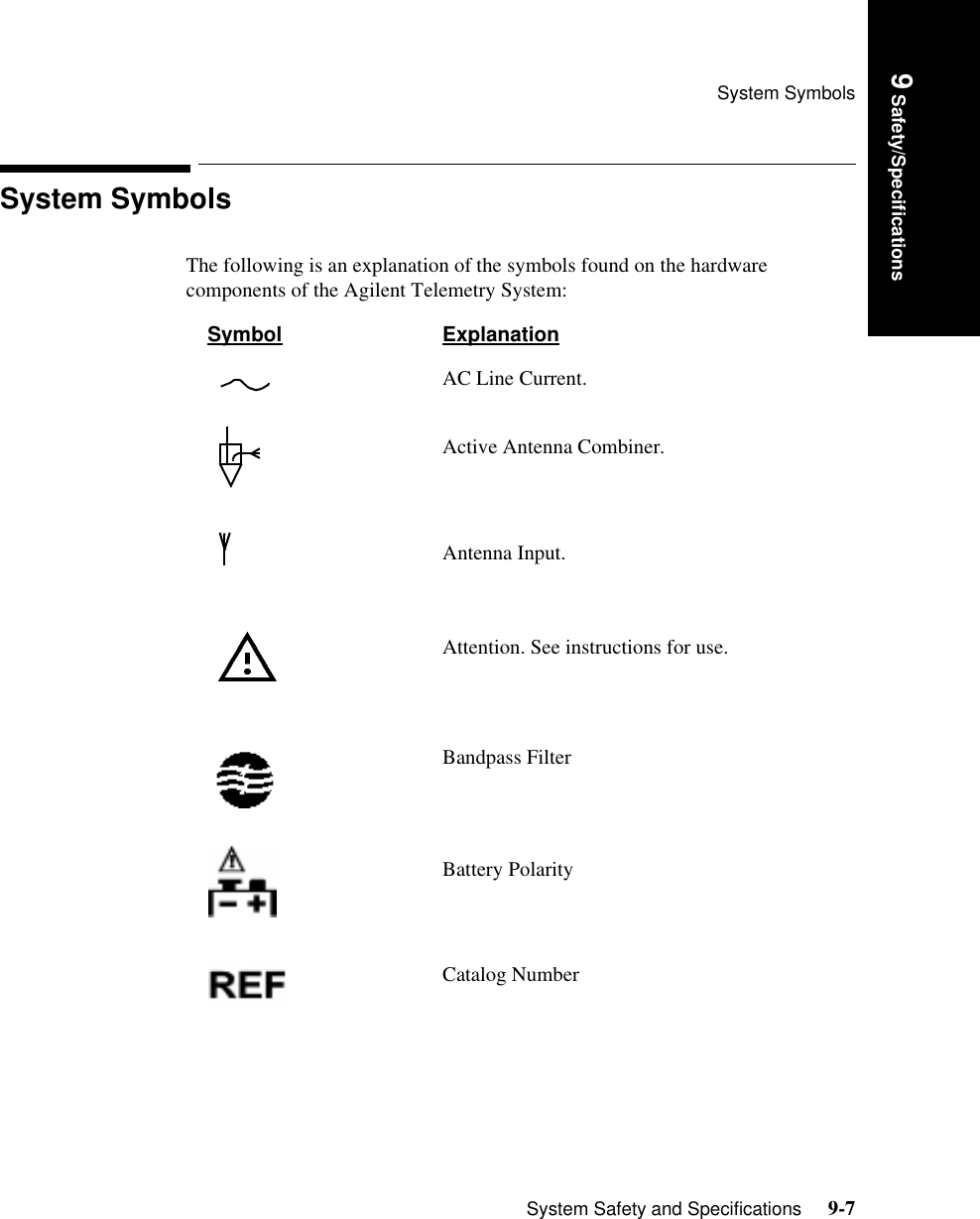 System SymbolsSystem Safety and Specifications     9-79 Safety/SpecificationsSystem SymbolsThe following is an explanation of the symbols found on the hardware components of the Agilent Telemetry System:Symbol ExplanationAC Line Current.Active Antenna Combiner.Antenna Input.Attention. See instructions for use.Bandpass FilterBattery PolarityCatalog Number