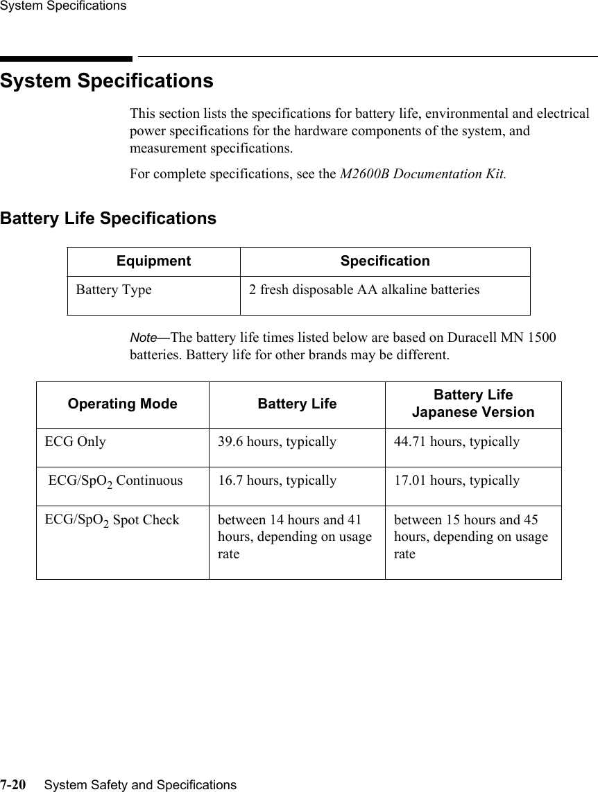 System Specifications7-20     System Safety and SpecificationsSystem SpecificationsThis section lists the specifications for battery life, environmental and electrical power specifications for the hardware components of the system, and measurement specifications. For complete specifications, see the M2600B Documentation Kit. Battery Life SpecificationsNote—The battery life times listed below are based on Duracell MN 1500 batteries. Battery life for other brands may be different.Equipment SpecificationBattery Type 2 fresh disposable AA alkaline batteriesOperating Mode Battery Life Battery LifeJapanese VersionECG Only 39.6 hours, typically 44.71 hours, typically ECG/SpO2 Continuous 16.7 hours, typically 17.01 hours, typicallyECG/SpO2 Spot Check between 14 hours and 41 hours, depending on usage ratebetween 15 hours and 45 hours, depending on usage rate