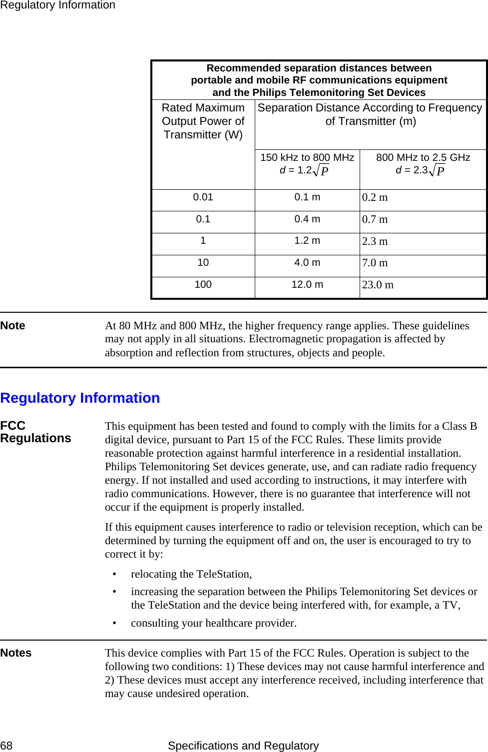 Regulatory Information68 Specifications and RegulatoryNote At 80 MHz and 800 MHz, the higher frequency range applies. These guidelines may not apply in all situations. Electromagnetic propagation is affected by absorption and reflection from structures, objects and people.Regulatory InformationFCC Regulations This equipment has been tested and found to comply with the limits for a Class B digital device, pursuant to Part 15 of the FCC Rules. These limits provide reasonable protection against harmful interference in a residential installation. Philips Telemonitoring Set devices generate, use, and can radiate radio frequency energy. If not installed and used according to instructions, it may interfere with radio communications. However, there is no guarantee that interference will not occur if the equipment is properly installed.If this equipment causes interference to radio or television reception, which can be determined by turning the equipment off and on, the user is encouraged to try to correct it by:• relocating the TeleStation,• increasing the separation between the Philips Telemonitoring Set devices or the TeleStation and the device being interfered with, for example, a TV,• consulting your healthcare provider.Notes This device complies with Part 15 of the FCC Rules. Operation is subject to the following two conditions: 1) These devices may not cause harmful interference and 2) These devices must accept any interference received, including interference that may cause undesired operation. Recommended separation distances between portable and mobile RF communications equipment and the Philips Telemonitoring Set DevicesRated Maximum Output Power of Transmitter (W)Separation Distance According to Frequency of Transmitter (m) 150 kHz to 800 MHzd = 1.2 800 MHz to 2.5 GHzd = 2.30.01 0.1 m 0.2 m0.1 0.4 m 0.7 m1 1.2 m 2.3 m10 4.0 m 7.0 m100 12.0 m 23.0 mPP