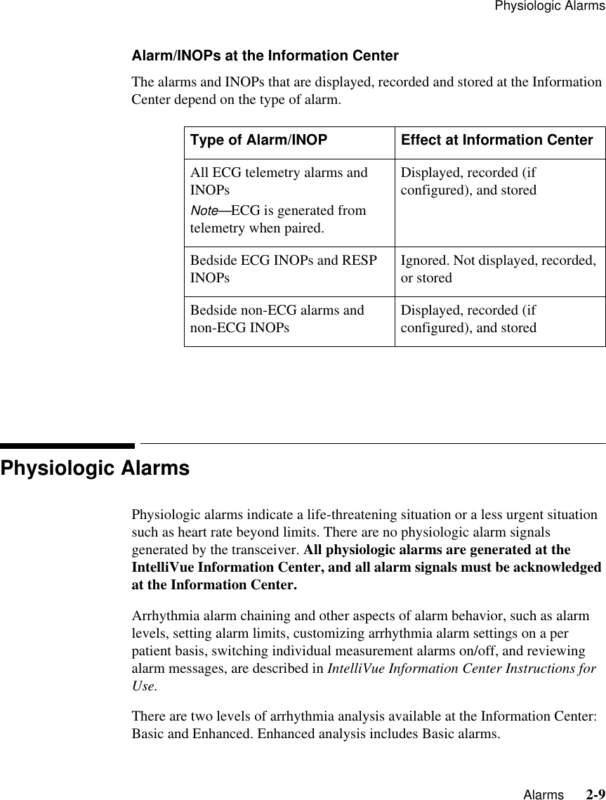 Physiologic Alarms  Alarms      2-9Alarm/INOPs at the Information CenterThe alarms and INOPs that are displayed, recorded and stored at the Information Center depend on the type of alarm.Physiologic AlarmsPhysiologic alarms indicate a life-threatening situation or a less urgent situation such as heart rate beyond limits. There are no physiologic alarm signals generated by the transceiver. All physiologic alarms are generated at the IntelliVue Information Center, and all alarm signals must be acknowledged at the Information Center.Arrhythmia alarm chaining and other aspects of alarm behavior, such as alarm levels, setting alarm limits, customizing arrhythmia alarm settings on a per patient basis, switching individual measurement alarms on/off, and reviewing alarm messages, are described in IntelliVue Information Center Instructions for Use. There are two levels of arrhythmia analysis available at the Information Center: Basic and Enhanced. Enhanced analysis includes Basic alarms. Type of Alarm/INOP Effect at Information CenterAll ECG telemetry alarms and INOPsNote—ECG is generated from telemetry when paired.Displayed, recorded (if configured), and storedBedside ECG INOPs and RESP INOPs Ignored. Not displayed, recorded, or storedBedside non-ECG alarms and non-ECG INOPs Displayed, recorded (if configured), and stored