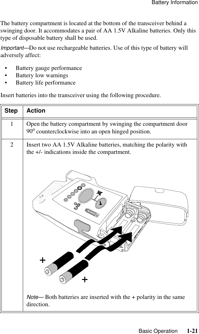 Battery Information   Basic Operation      1-21The battery compartment is located at the bottom of the transceiver behind a swinging door. It accommodates a pair of AA 1.5V Alkaline batteries. Only this type of disposable battery shall be used.Important—Do not use rechargeable batteries. Use of this type of battery will adversely affect:• Battery gauge performance• Battery low warnings• Battery life performanceInsert batteries into the transceiver using the following procedure.Step Action1 Open the battery compartment by swinging the compartment door 90o counterclockwise into an open hinged position.2 Insert two AA 1.5V Alkaline batteries, matching the polarity with the +/- indications inside the compartment.Note— Both batteries are inserted with the + polarity in the same direction.++