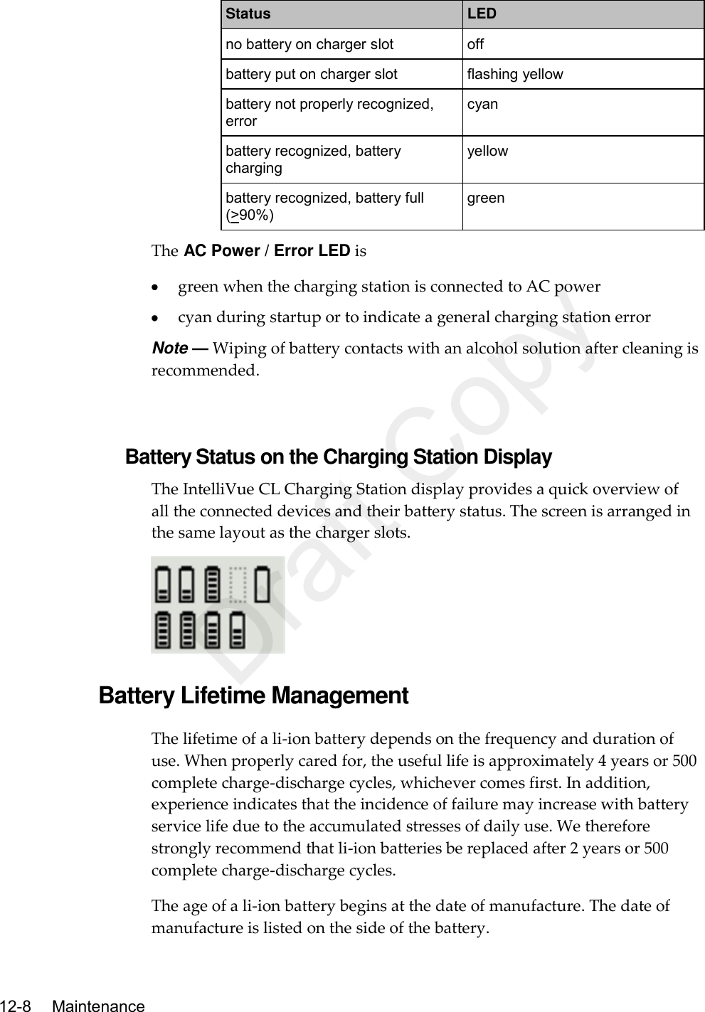   12-8   Maintenance  Status LED no battery on charger slot off battery put on charger slot flashing yellow battery not properly recognized, error cyan battery recognized, battery charging yellow battery recognized, battery full (&gt;90%) green The AC Power / Error LED is  green when the charging station is connected to AC power  cyan during startup or to indicate a general charging station error Note — Wiping of battery contacts with an alcohol solution after cleaning is recommended.   Battery Status on the Charging Station Display The IntelliVue CL Charging Station display provides a quick overview of all the connected devices and their battery status. The screen is arranged in the same layout as the charger slots.   Battery Lifetime Management The lifetime of a li-ion battery depends on the frequency and duration of use. When properly cared for, the useful life is approximately 4 years or 500 complete charge-discharge cycles, whichever comes first. In addition, experience indicates that the incidence of failure may increase with battery service life due to the accumulated stresses of daily use. We therefore strongly recommend that li-ion batteries be replaced after 2 years or 500 complete charge-discharge cycles. The age of a li-ion battery begins at the date of manufacture. The date of manufacture is listed on the side of the battery. Draft Copy