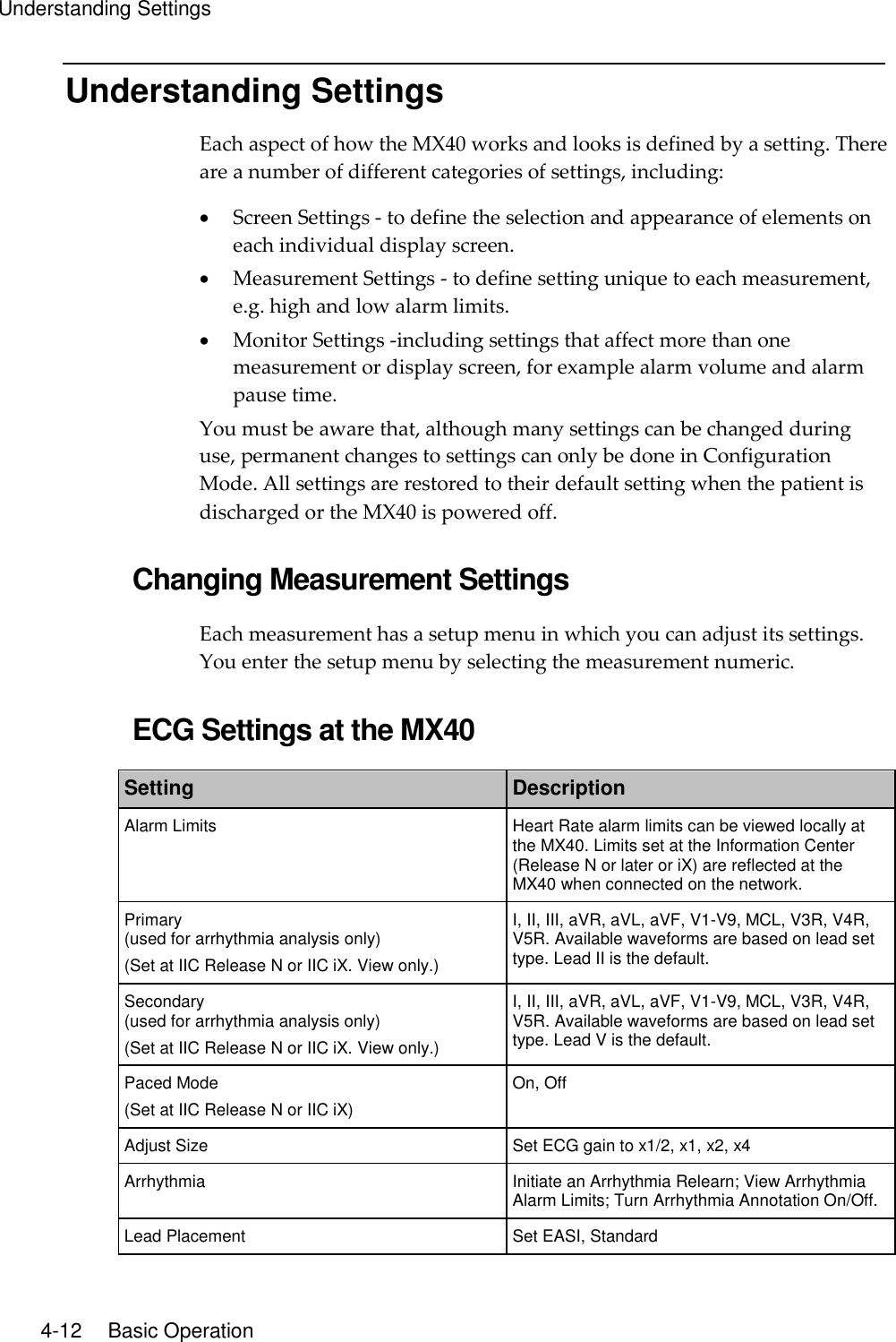 Understanding Settings   4-12    Basic Operation Understanding Settings Each aspect of how the MX40 works and looks is defined by a setting. There are a number of different categories of settings, including:  Screen Settings - to define the selection and appearance of elements on each individual display screen.  Measurement Settings - to define setting unique to each measurement, e.g. high and low alarm limits.  Monitor Settings -including settings that affect more than one measurement or display screen, for example alarm volume and alarm pause time. You must be aware that, although many settings can be changed during use, permanent changes to settings can only be done in Configuration Mode. All settings are restored to their default setting when the patient is discharged or the MX40 is powered off.  Changing Measurement Settings Each measurement has a setup menu in which you can adjust its settings. You enter the setup menu by selecting the measurement numeric.  ECG Settings at the MX40 Setting Description Alarm Limits Heart Rate alarm limits can be viewed locally at the MX40. Limits set at the Information Center (Release N or later or iX) are reflected at the MX40 when connected on the network. Primary (used for arrhythmia analysis only) (Set at IIC Release N or IIC iX. View only.) I, II, III, aVR, aVL, aVF, V1-V9, MCL, V3R, V4R, V5R. Available waveforms are based on lead set type. Lead II is the default. Secondary (used for arrhythmia analysis only) (Set at IIC Release N or IIC iX. View only.) I, II, III, aVR, aVL, aVF, V1-V9, MCL, V3R, V4R, V5R. Available waveforms are based on lead set type. Lead V is the default. Paced Mode (Set at IIC Release N or IIC iX) On, Off Adjust Size Set ECG gain to x1/2, x1, x2, x4 Arrhythmia Initiate an Arrhythmia Relearn; View Arrhythmia Alarm Limits; Turn Arrhythmia Annotation On/Off. Lead Placement Set EASI, Standard 