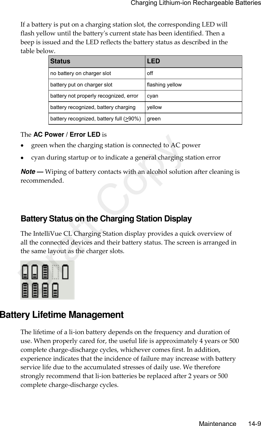     Charging Lithium-ion Rechargeable Batteries       Maintenance       14-9 If a battery is put on a charging station slot, the corresponding LED will flash yellow until the battery&apos;s current state has been identified. Then a beep is issued and the LED reflects the battery status as described in the table below. Status LED no battery on charger slot off battery put on charger slot flashing yellow battery not properly recognized, error cyan battery recognized, battery charging yellow battery recognized, battery full (&gt;90%) green The AC Power / Error LED is  green when the charging station is connected to AC power  cyan during startup or to indicate a general charging station error Note — Wiping of battery contacts with an alcohol solution after cleaning is recommended.   Battery Status on the Charging Station Display The IntelliVue CL Charging Station display provides a quick overview of all the connected devices and their battery status. The screen is arranged in the same layout as the charger slots.   Battery Lifetime Management The lifetime of a li-ion battery depends on the frequency and duration of use. When properly cared for, the useful life is approximately 4 years or 500 complete charge-discharge cycles, whichever comes first. In addition, experience indicates that the incidence of failure may increase with battery service life due to the accumulated stresses of daily use. We therefore strongly recommend that li-ion batteries be replaced after 2 years or 500 complete charge-discharge cycles. Draft Copy