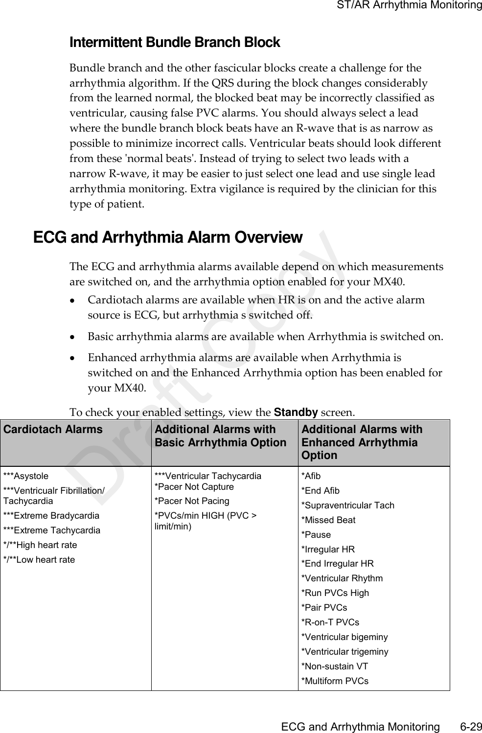     ST/AR Arrhythmia Monitoring       ECG and Arrhythmia Monitoring      6-29 Intermittent Bundle Branch Block Bundle branch and the other fascicular blocks create a challenge for the arrhythmia algorithm. If the QRS during the block changes considerably from the learned normal, the blocked beat may be incorrectly classified as ventricular, causing false PVC alarms. You should always select a lead where the bundle branch block beats have an R-wave that is as narrow as possible to minimize incorrect calls. Ventricular beats should look different from these &apos;normal beats&apos;. Instead of trying to select two leads with a narrow R-wave, it may be easier to just select one lead and use single lead arrhythmia monitoring. Extra vigilance is required by the clinician for this type of patient.  ECG and Arrhythmia Alarm Overview The ECG and arrhythmia alarms available depend on which measurements are switched on, and the arrhythmia option enabled for your MX40.  Cardiotach alarms are available when HR is on and the active alarm source is ECG, but arrhythmia s switched off.  Basic arrhythmia alarms are available when Arrhythmia is switched on.  Enhanced arrhythmia alarms are available when Arrhythmia is switched on and the Enhanced Arrhythmia option has been enabled for your MX40. To check your enabled settings, view the Standby screen. Cardiotach Alarms Additional Alarms with Basic Arrhythmia Option Additional Alarms with Enhanced Arrhythmia Option ***Asystole ***Ventricualr Fibrillation/ Tachycardia ***Extreme Bradycardia ***Extreme Tachycardia */**High heart rate */**Low heart rate ***Ventricular Tachycardia *Pacer Not Capture *Pacer Not Pacing *PVCs/min HIGH (PVC &gt; limit/min) *Afib *End Afib *Supraventricular Tach *Missed Beat *Pause *Irregular HR *End Irregular HR *Ventricular Rhythm *Run PVCs High *Pair PVCs *R-on-T PVCs *Ventricular bigeminy *Ventricular trigeminy *Non-sustain VT *Multiform PVCs Draft Copy