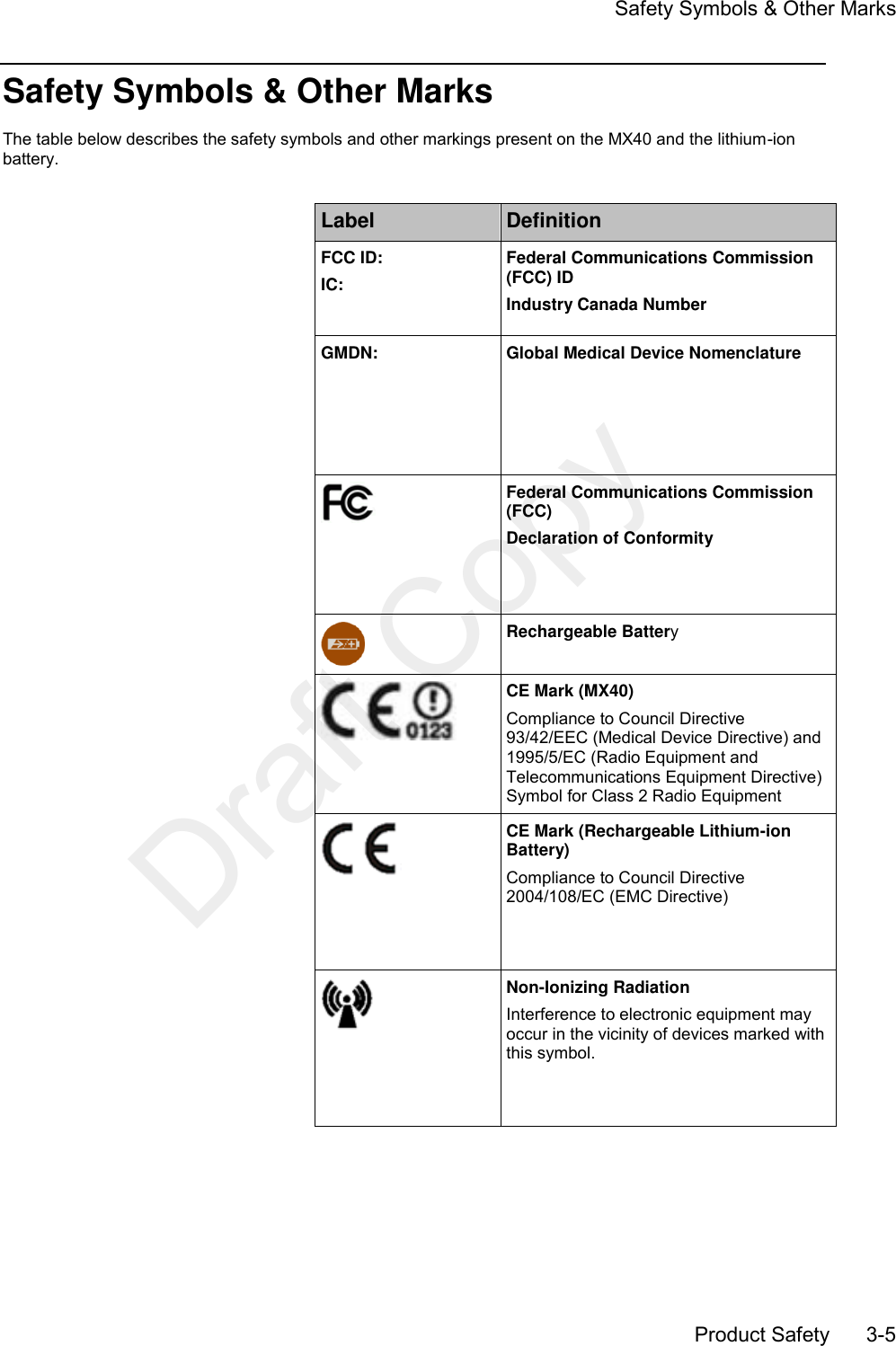     Safety Symbols &amp; Other Marks       Product Safety       3-5 Safety Symbols &amp; Other Marks The table below describes the safety symbols and other markings present on the MX40 and the lithium-ion battery.  Label Definition FCC ID: IC: Federal Communications Commission (FCC) ID Industry Canada Number GMDN: Global Medical Device Nomenclature  Federal Communications Commission (FCC)   Declaration of Conformity  Rechargeable Battery  CE Mark (MX40) Compliance to Council Directive 93/42/EEC (Medical Device Directive) and 1995/5/EC (Radio Equipment and Telecommunications Equipment Directive) Symbol for Class 2 Radio Equipment    CE Mark (Rechargeable Lithium-ion Battery) Compliance to Council Directive 2004/108/EC (EMC Directive)   Non-Ionizing Radiation Interference to electronic equipment may occur in the vicinity of devices marked with this symbol. Draft Copy