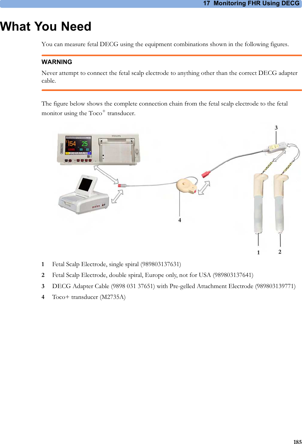 17  Monitoring FHR Using DECG185What You NeedYou can measure fetal DECG using the equipment combinations shown in the following figures.WARNINGNever attempt to connect the fetal scalp electrode to anything other than the correct DECG adapter cable.The figure below shows the complete connection chain from the fetal scalp electrode to the fetal monitor using the Toco+ transducer.1Fetal Scalp Electrode, single spiral (989803137631)2Fetal Scalp Electrode, double spiral, Europe only, not for USA (989803137641)3DECG Adapter Cable (9898 031 37651) with Pre-gelled Attachment Electrode (989803139771)4Toco+ transducer (M2735A)
