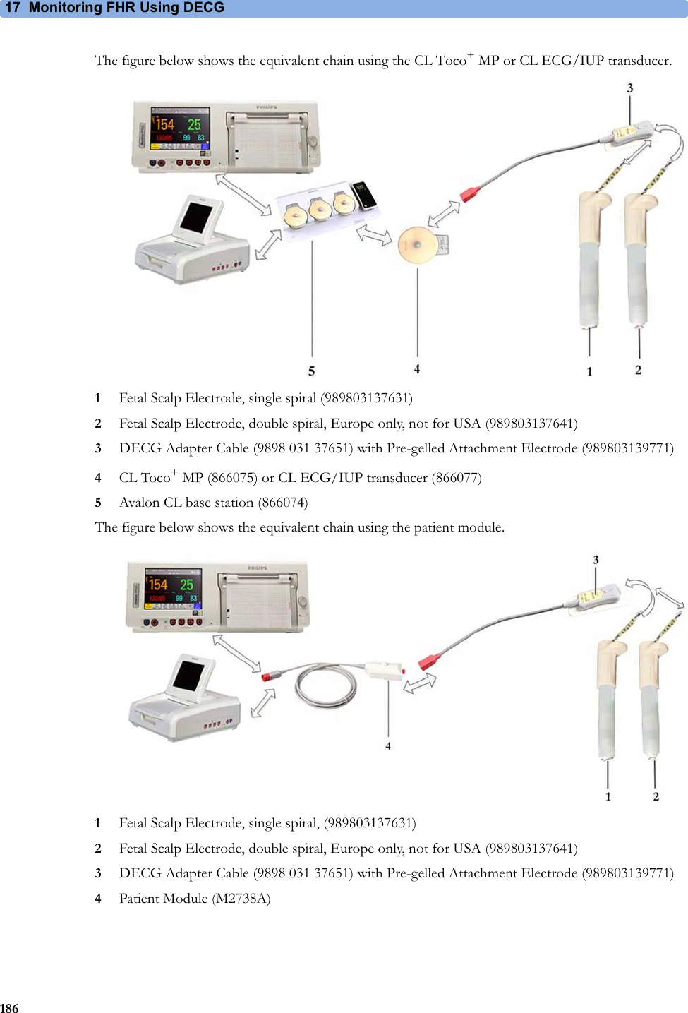 17  Monitoring FHR Using DECG186The figure below shows the equivalent chain using the CL Toco+ MP or CL ECG/IUP transducer.1Fetal Scalp Electrode, single spiral (989803137631)2Fetal Scalp Electrode, double spiral, Europe only, not for USA (989803137641)3DECG Adapter Cable (9898 031 37651) with Pre-gelled Attachment Electrode (989803139771)4CL Toco+ MP (866075) or CL ECG/IUP transducer (866077)5Avalon CL base station (866074)The figure below shows the equivalent chain using the patient module.1Fetal Scalp Electrode, single spiral, (989803137631)2Fetal Scalp Electrode, double spiral, Europe only, not for USA (989803137641)3DECG Adapter Cable (9898 031 37651) with Pre-gelled Attachment Electrode (989803139771)4Patient Module (M2738A)