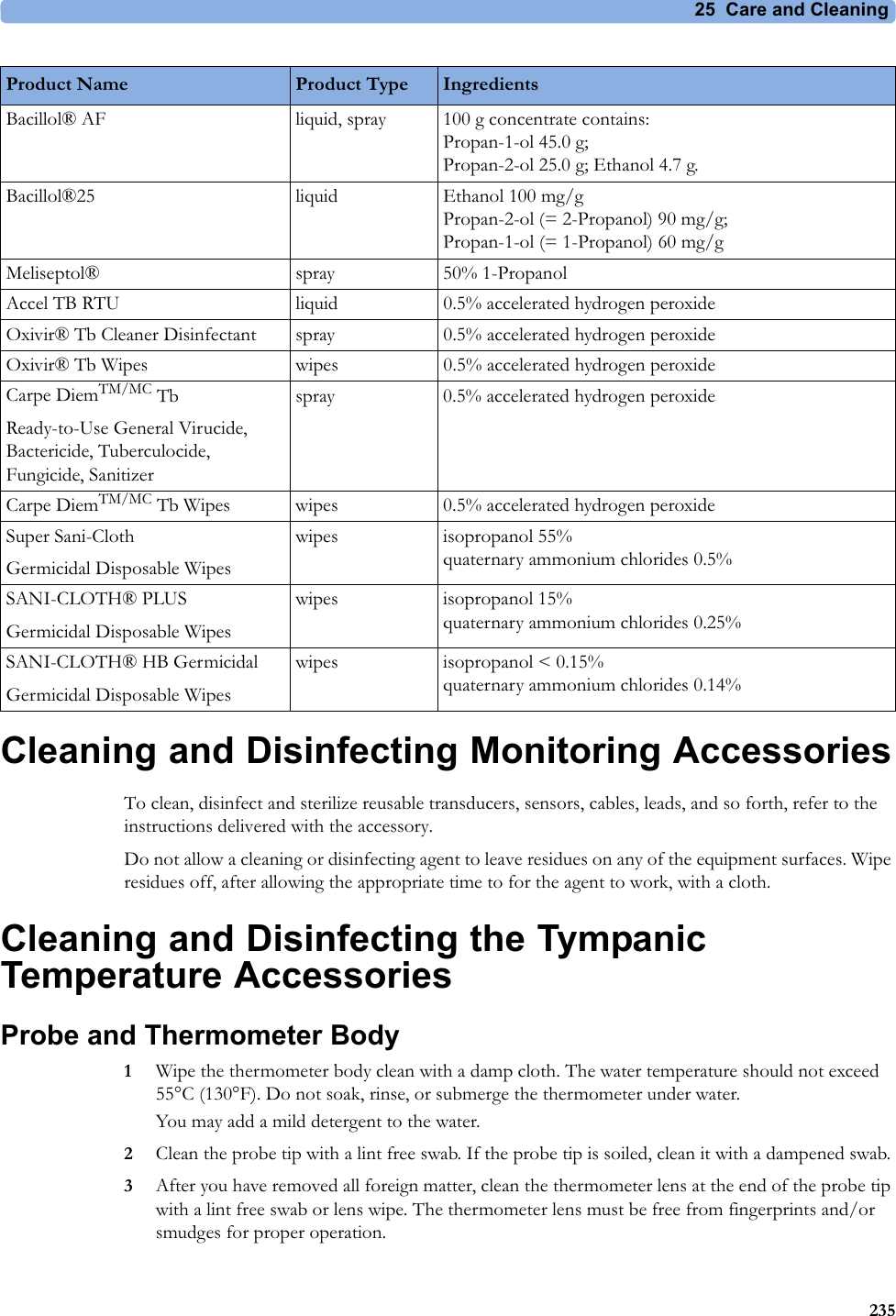 25  Care and Cleaning235Cleaning and Disinfecting Monitoring AccessoriesTo clean, disinfect and sterilize reusable transducers, sensors, cables, leads, and so forth, refer to the instructions delivered with the accessory.Do not allow a cleaning or disinfecting agent to leave residues on any of the equipment surfaces. Wipe residues off, after allowing the appropriate time to for the agent to work, with a cloth.Cleaning and Disinfecting the Tympanic Temperature AccessoriesProbe and Thermometer Body1Wipe the thermometer body clean with a damp cloth. The water temperature should not exceed 55°C (130°F). Do not soak, rinse, or submerge the thermometer under water.You may add a mild detergent to the water.2Clean the probe tip with a lint free swab. If the probe tip is soiled, clean it with a dampened swab. 3After you have removed all foreign matter, clean the thermometer lens at the end of the probe tip with a lint free swab or lens wipe. The thermometer lens must be free from fingerprints and/or smudges for proper operation.Bacillol® AF liquid, spray 100 g concentrate contains: Propan-1-ol 45.0 g; Propan-2-ol 25.0 g; Ethanol 4.7 g.Bacillol®25 liquid Ethanol 100 mg/g Propan-2-ol (= 2-Propanol) 90 mg/g; Propan-1-ol (= 1-Propanol) 60 mg/gMeliseptol® spray 50% 1-PropanolAccel TB RTU liquid 0.5% accelerated hydrogen peroxideOxivir® Tb Cleaner Disinfectant spray 0.5% accelerated hydrogen peroxideOxivir® Tb Wipes wipes 0.5% accelerated hydrogen peroxideCarpe DiemTM/MC TbReady-to-Use General Virucide, Bactericide, Tuberculocide, Fungicide, Sanitizerspray 0.5% accelerated hydrogen peroxideCarpe DiemTM/MC Tb Wipes wipes 0.5% accelerated hydrogen peroxideSuper Sani-ClothGermicidal Disposable Wipeswipes isopropanol 55% quaternary ammonium chlorides 0.5%SANI-CLOTH® PLUSGermicidal Disposable Wipeswipes isopropanol 15% quaternary ammonium chlorides 0.25%SANI-CLOTH® HB GermicidalGermicidal Disposable Wipeswipes isopropanol &lt; 0.15% quaternary ammonium chlorides 0.14%Product Name Product Type Ingredients