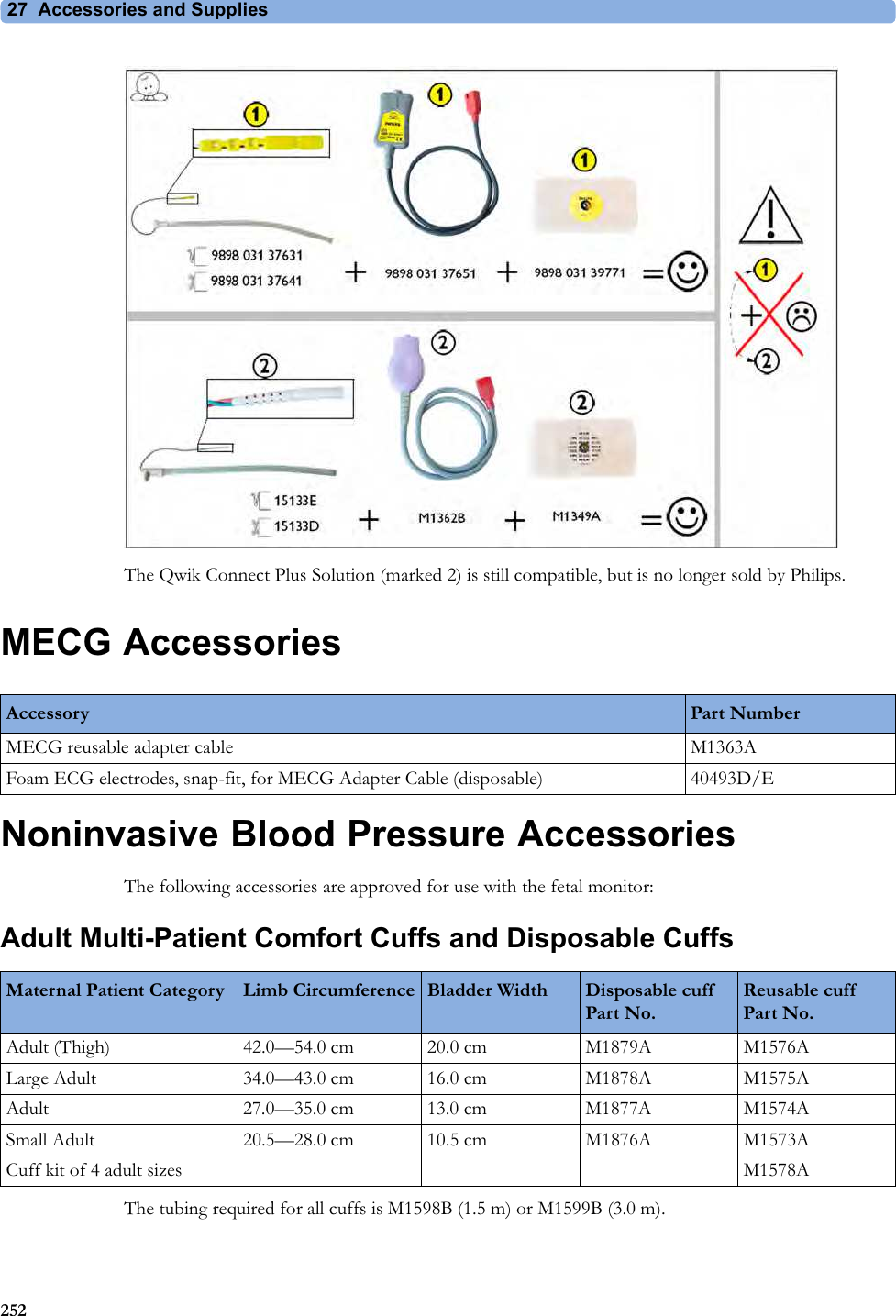 27  Accessories and Supplies252The Qwik Connect Plus Solution (marked 2) is still compatible, but is no longer sold by Philips. MECG AccessoriesNoninvasive Blood Pressure AccessoriesThe following accessories are approved for use with the fetal monitor:Adult Multi-Patient Comfort Cuffs and Disposable CuffsThe tubing required for all cuffs is M1598B (1.5 m) or M1599B (3.0 m).Accessory Part NumberMECG reusable adapter cable M1363AFoam ECG electrodes, snap-fit, for MECG Adapter Cable (disposable) 40493D/EMaternal Patient Category Limb Circumference Bladder Width Disposable cuff Part No.Reusable cuff Part No.Adult (Thigh) 42.0—54.0 cm 20.0 cm M1879A M1576ALarge Adult 34.0—43.0 cm 16.0 cm M1878A M1575AAdult 27.0—35.0 cm 13.0 cm M1877A M1574ASmall Adult 20.5—28.0 cm 10.5 cm M1876A M1573ACuff kit of 4 adult sizes M1578A