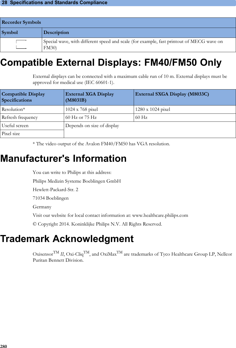 28  Specifications and Standards Compliance280Compatible External Displays: FM40/FM50 OnlyExternal displays can be connected with a maximum cable run of 10 m. External displays must be approved for medical use (IEC 60601-1).* The video output of the Avalon FM40/FM50 has VGA resolution.Manufacturer&apos;s InformationYou can write to Philips at this address:Philips Medizin Systeme Boeblingen GmbHHewlett-Packard-Str. 271034 BoeblingenGermanyVisit our website for local contact information at: www.healthcare.philips.com© Copyright 2014. Koninklijke Philips N.V. All Rights Reserved.Trademark AcknowledgmentOxisensorTM II, Oxi-CliqTM, and OxiMaxTM are trademarks of Tyco Healthcare Group LP, Nellcor Puritan Bennett Division.Special wave, with different speed and scale (for example, fast printout of MECG wave on FM30)Recorder SymbolsSymbol DescriptionCompatible Display SpecificationsExternal XGA Display (M8031B)External SXGA Display (M8033C)Resolution* 1024 x 768 pixel 1280 x 1024 pixelRefresh frequency 60 Hz or 75 Hz 60 HzUseful screen Depends on size of displayPixel size