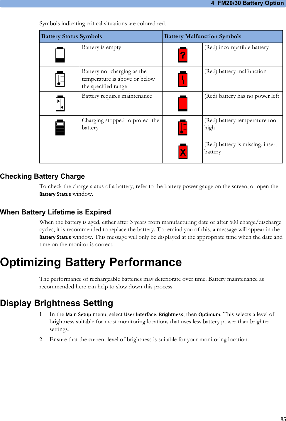 4  FM20/30 Battery Option95Symbols indicating critical situations are colored red.Checking Battery ChargeTo check the charge status of a battery, refer to the battery power gauge on the screen, or open the Battery Status window.When Battery Lifetime is ExpiredWhen the battery is aged, either after 3 years from manufacturing date or after 500 charge/discharge cycles, it is recommended to replace the battery. To remind you of this, a message will appear in the Battery Status window. This message will only be displayed at the appropriate time when the date and time on the monitor is correct.Optimizing Battery PerformanceThe performance of rechargeable batteries may deteriorate over time. Battery maintenance as recommended here can help to slow down this process.Display Brightness Setting1In the Main Setup menu, select User Interface, Brightness, then Optimum. This selects a level of brightness suitable for most monitoring locations that uses less battery power than brighter settings.2Ensure that the current level of brightness is suitable for your monitoring location.Battery Status Symbols Battery Malfunction SymbolsBattery is empty (Red) incompatible batteryBattery not charging as the temperature is above or below the specified range(Red) battery malfunctionBattery requires maintenance (Red) battery has no power leftCharging stopped to protect the battery(Red) battery temperature too high(Red) battery is missing, insert battery