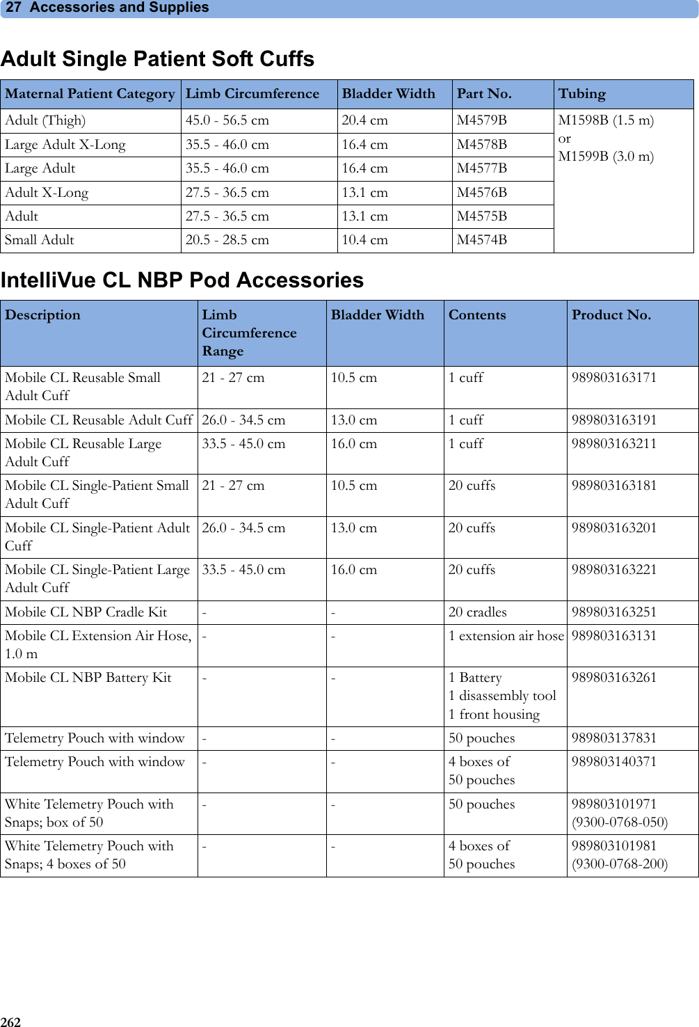 27 Accessories and Supplies262Adult Single Patient Soft CuffsIntelliVue CL NBP Pod AccessoriesMaternal Patient Category Limb Circumference Bladder Width Part No. TubingAdult (Thigh) 45.0 - 56.5 cm 20.4 cm M4579B M1598B (1.5 m)orM1599B (3.0 m)Large Adult X-Long 35.5 - 46.0 cm 16.4 cm M4578BLarge Adult 35.5 - 46.0 cm 16.4 cm M4577BAdult X-Long 27.5 - 36.5 cm 13.1 cm M4576BAdult 27.5 - 36.5 cm 13.1 cm M4575BSmall Adult 20.5 - 28.5 cm 10.4 cm M4574BDescription Limb Circumference RangeBladder Width Contents Product No.Mobile CL Reusable Small Adult Cuff21 - 27 cm 10.5 cm 1 cuff 989803163171Mobile CL Reusable Adult Cuff 26.0 - 34.5 cm 13.0 cm 1 cuff 989803163191Mobile CL Reusable Large Adult Cuff33.5 - 45.0 cm 16.0 cm 1 cuff 989803163211Mobile CL Single-Patient Small Adult Cuff21 - 27 cm 10.5 cm 20 cuffs 989803163181Mobile CL Single-Patient Adult Cuff26.0 - 34.5 cm 13.0 cm 20 cuffs 989803163201Mobile CL Single-Patient Large Adult Cuff33.5 - 45.0 cm 16.0 cm 20 cuffs 989803163221Mobile CL NBP Cradle Kit - - 20 cradles 989803163251Mobile CL Extension Air Hose, 1.0 m- - 1 extension air hose 989803163131Mobile CL NBP Battery Kit - -  1 Battery1 disassembly tool1 front housing989803163261Telemetry Pouch with window - - 50 pouches 989803137831Telemetry Pouch with window - - 4 boxes of 50 pouches989803140371White Telemetry Pouch with Snaps; box of 50- - 50 pouches 989803101971(9300-0768-050)White Telemetry Pouch with Snaps; 4 boxes of 50--4boxes of 50 pouches989803101981(9300-0768-200)