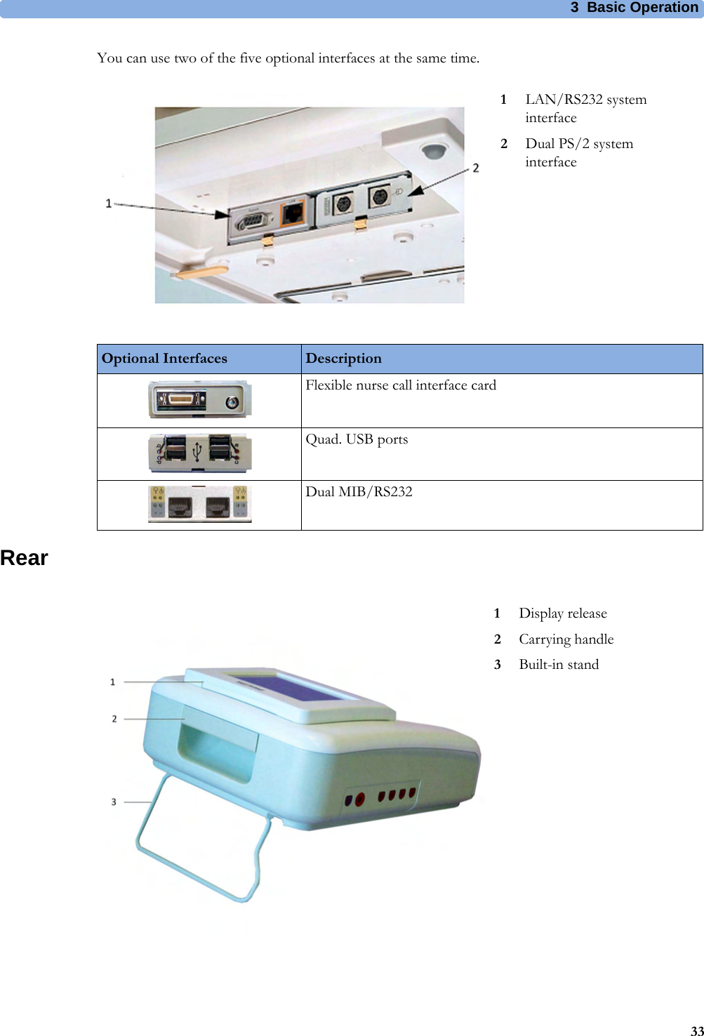 3  Basic Operation33You can use two of the five optional interfaces at the same time.Rear1LAN/RS232 system interface2Dual PS/2 system interfaceOptional Interfaces DescriptionFlexible nurse call interface cardQuad. USB portsDual MIB/RS2321Display release2Carrying handle3Built-in stand