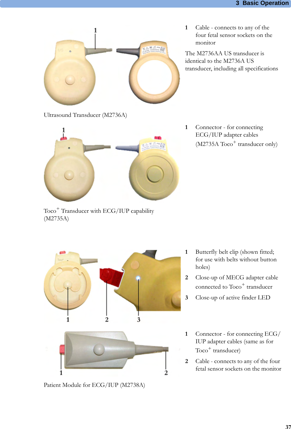 3  Basic Operation37Ultrasound Transducer (M2736A)1Cable - connects to any of the four fetal sensor sockets on the monitorThe M2736AA US transducer is identical to the M2736A US transducer, including all specificationsToco+ Transducer with ECG/IUP capability (M2735A)1Connector - for connecting ECG/IUP adapter cables (M2735A Toco+ transducer only)1Butterfly belt clip (shown fitted; for use with belts without button holes)2Close-up of MECG adapter cable connected to Toco+ transducer3Close-up of active finder LEDPatient Module for ECG/IUP (M2738A)1Connector - for connecting ECG/IUP adapter cables (same as for Toco+ transducer)2Cable - connects to any of the four fetal sensor sockets on the monitor