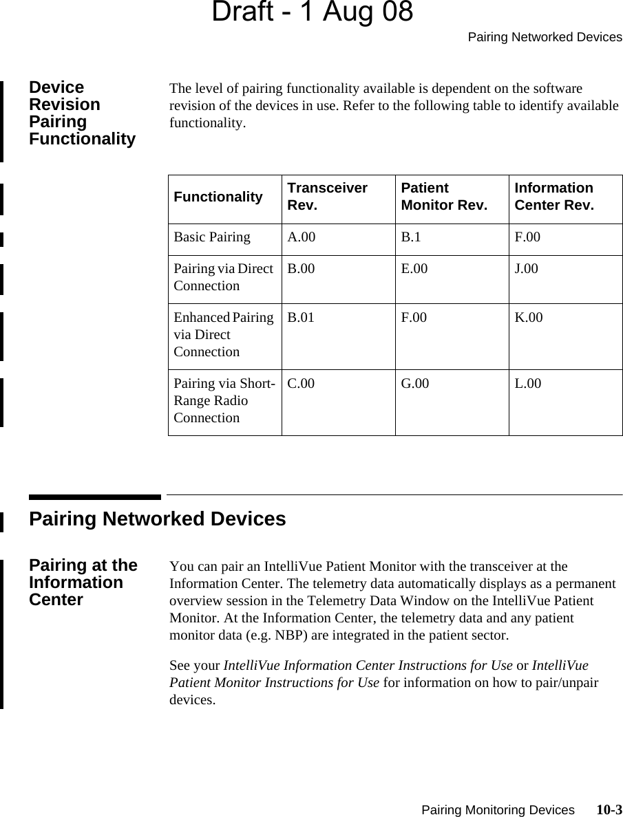 Draft - 1 Aug 08Pairing Networked Devices   Pairing Monitoring Devices      10-3Device Revision Pairing FunctionalityThe level of pairing functionality available is dependent on the software revision of the devices in use. Refer to the following table to identify available functionality.Pairing Networked DevicesPairing at the Information CenterYou can pair an IntelliVue Patient Monitor with the transceiver at the Information Center. The telemetry data automatically displays as a permanent overview session in the Telemetry Data Window on the IntelliVue Patient Monitor. At the Information Center, the telemetry data and any patient monitor data (e.g. NBP) are integrated in the patient sector.See your IntelliVue Information Center Instructions for Use or IntelliVue Patient Monitor Instructions for Use for information on how to pair/unpair devices.Functionality Transceiver Rev. Patient Monitor Rev. Information Center Rev.Basic Pairing A.00 B.1 F.00Pairing via Direct Connection B.00 E.00 J.00Enhanced Pairing via Direct  ConnectionB.01 F.00 K.00Pairing via Short-Range Radio ConnectionC.00 G.00 L.00