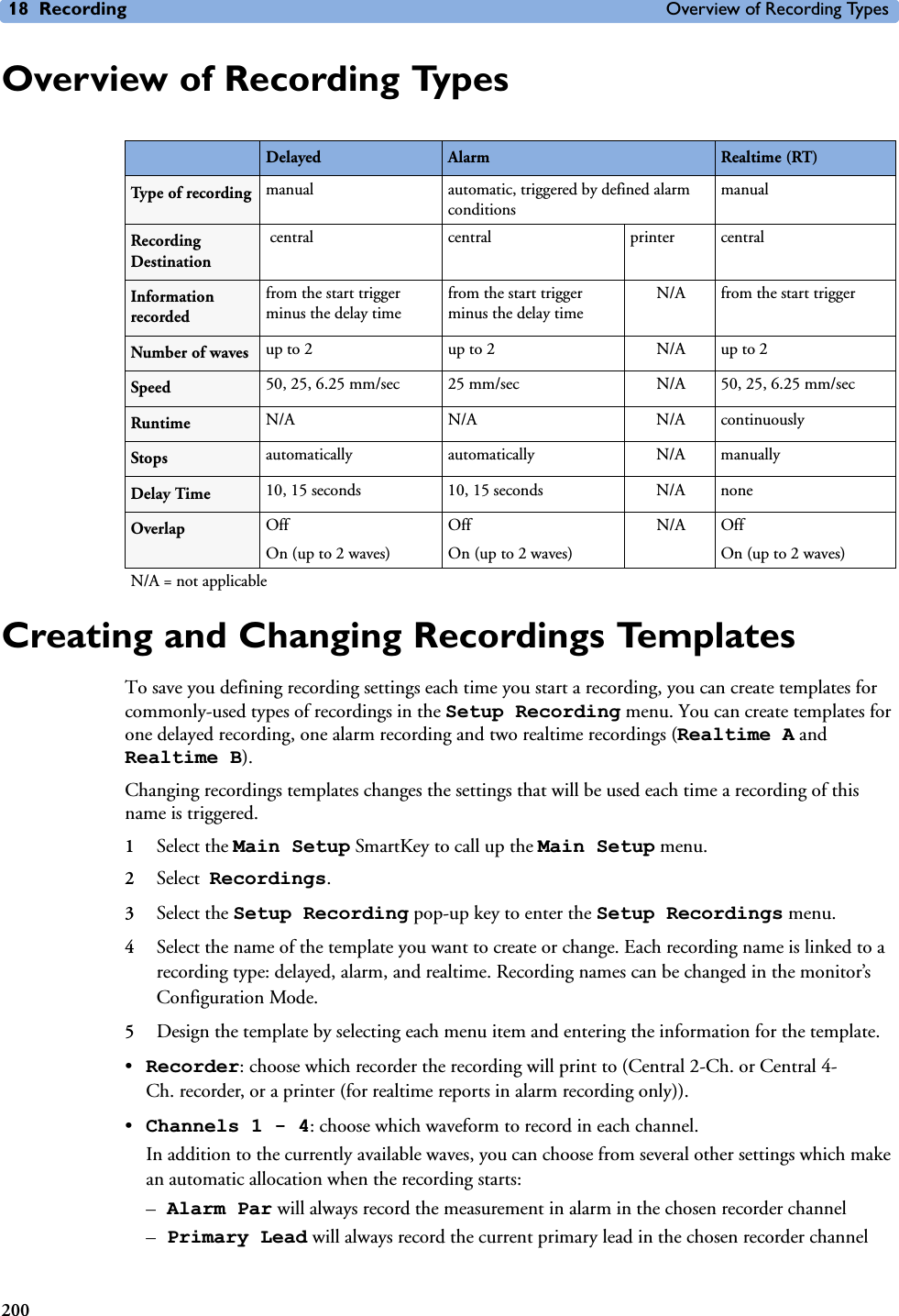 18 Recording Overview of Recording Types200Overview of Recording TypesCreating and Changing Recordings TemplatesTo save you defining recording settings each time you start a recording, you can create templates for commonly-used types of recordings in the Setup Recording menu. You can create templates for one delayed recording, one alarm recording and two realtime recordings (Realtime A and Realtime B).Changing recordings templates changes the settings that will be used each time a recording of this name is triggered.1Select the Main Setup SmartKey to call up the Main Setup menu.2Select  Recordings.3Select the Setup Recording pop-up key to enter the Setup Recordings menu.4Select the name of the template you want to create or change. Each recording name is linked to a recording type: delayed, alarm, and realtime. Recording names can be changed in the monitor’s Configuration Mode.5Design the template by selecting each menu item and entering the information for the template. •Recorder: choose which recorder the recording will print to (Central 2-Ch. or Central 4-Ch. recorder, or a printer (for realtime reports in alarm recording only)). •Channels 1 - 4: choose which waveform to record in each channel.In addition to the currently available waves, you can choose from several other settings which make an automatic allocation when the recording starts:–Alarm Par will always record the measurement in alarm in the chosen recorder channel–Primary Lead will always record the current primary lead in the chosen recorder channelDelayed Alarm Realtime (RT)Type of recording  manual automatic, triggered by defined alarm conditions manualRecording Destination central  central  printer centralInformation recordedfrom the start trigger minus the delay timefrom the start trigger minus the delay timeN/A from the start triggerNumber of waves up to 2 up to 2 N/A up to 2Speed 50, 25, 6.25 mm/sec 25 mm/sec N/A 50, 25, 6.25 mm/secRuntime N/A N/A N/A continuouslyStops automatically automatically N/A manuallyDelay Time 10, 15 seconds 10, 15 seconds N/A noneOverlap OffOn (up to 2 waves)OffOn (up to 2 waves)N/A OffOn (up to 2 waves)N/A = not applicable