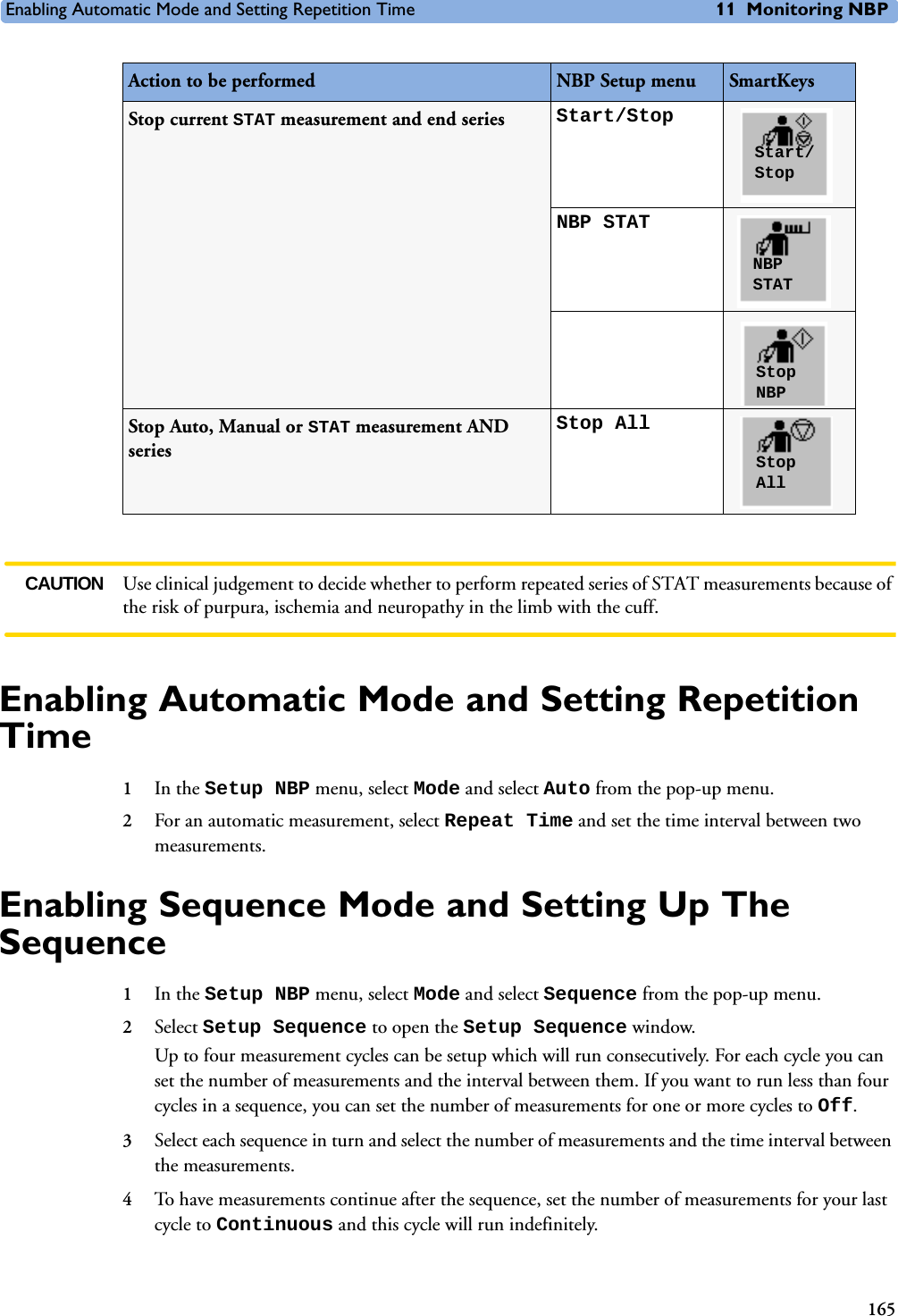 Enabling Automatic Mode and Setting Repetition Time 11 Monitoring NBP165CAUTION Use clinical judgement to decide whether to perform repeated series of STAT measurements because of the risk of purpura, ischemia and neuropathy in the limb with the cuff.Enabling Automatic Mode and Setting Repetition Time1In the Setup NBP menu, select Mode and select Auto from the pop-up menu.2For an automatic measurement, select Repeat Time and set the time interval between two measurements.Enabling Sequence Mode and Setting Up The Sequence1In the Setup NBP menu, select Mode and select Sequence from the pop-up menu.2Select Setup Sequence to open the Setup Sequence window.Up to four measurement cycles can be setup which will run consecutively. For each cycle you can set the number of measurements and the interval between them. If you want to run less than four cycles in a sequence, you can set the number of measurements for one or more cycles to Off. 3Select each sequence in turn and select the number of measurements and the time interval between the measurements. 4To have measurements continue after the sequence, set the number of measurements for your last cycle to Continuous and this cycle will run indefinitely.Stop current STAT measurement and end series Start/StopNBP STATStop Auto, Manual or STAT measurement AND seriesStop AllAction to be performed NBP Setup menu SmartKeysStart/StopNBPSTATStopNBPStopAll