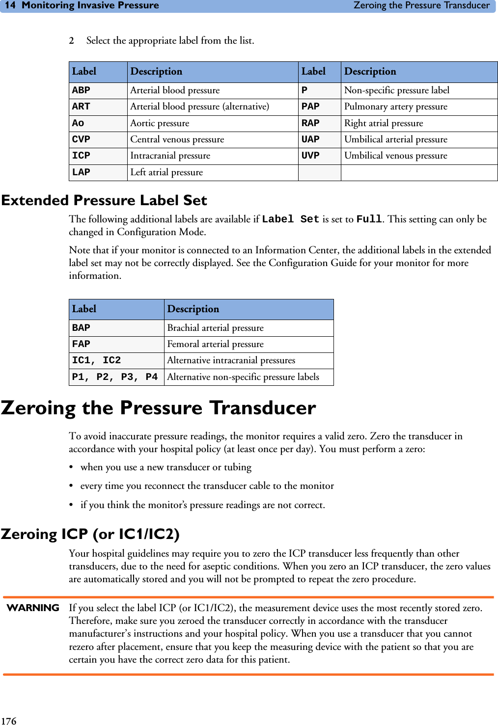 14 Monitoring Invasive Pressure Zeroing the Pressure Transducer1762Select the appropriate label from the list.Extended Pressure Label SetThe following additional labels are available if Label Set is set to Full. This setting can only be changed in Configuration Mode. Note that if your monitor is connected to an Information Center, the additional labels in the extended label set may not be correctly displayed. See the Configuration Guide for your monitor for more information. Zeroing the Pressure TransducerTo avoid inaccurate pressure readings, the monitor requires a valid zero. Zero the transducer in accordance with your hospital policy (at least once per day). You must perform a zero: • when you use a new transducer or tubing• every time you reconnect the transducer cable to the monitor• if you think the monitor’s pressure readings are not correct. Zeroing ICP (or IC1/IC2)Your hospital guidelines may require you to zero the ICP transducer less frequently than other transducers, due to the need for aseptic conditions. When you zero an ICP transducer, the zero values are automatically stored and you will not be prompted to repeat the zero procedure. WARNING If you select the label ICP (or IC1/IC2), the measurement device uses the most recently stored zero. Therefore, make sure you zeroed the transducer correctly in accordance with the transducer manufacturer’s instructions and your hospital policy. When you use a transducer that you cannot rezero after placement, ensure that you keep the measuring device with the patient so that you are certain you have the correct zero data for this patient.Label Description Label DescriptionABP Arterial blood pressure PNon-specific pressure labelART  Arterial blood pressure (alternative) PAP Pulmonary artery pressureAo Aortic pressure RAP Right atrial pressureCVP Central venous pressure UAP Umbilical arterial pressureICP Intracranial pressure UVP Umbilical venous pressureLAP Left atrial pressureLabel DescriptionBAP Brachial arterial pressureFAP Femoral arterial pressureIC1, IC2 Alternative intracranial pressures P1, P2, P3, P4 Alternative non-specific pressure labels