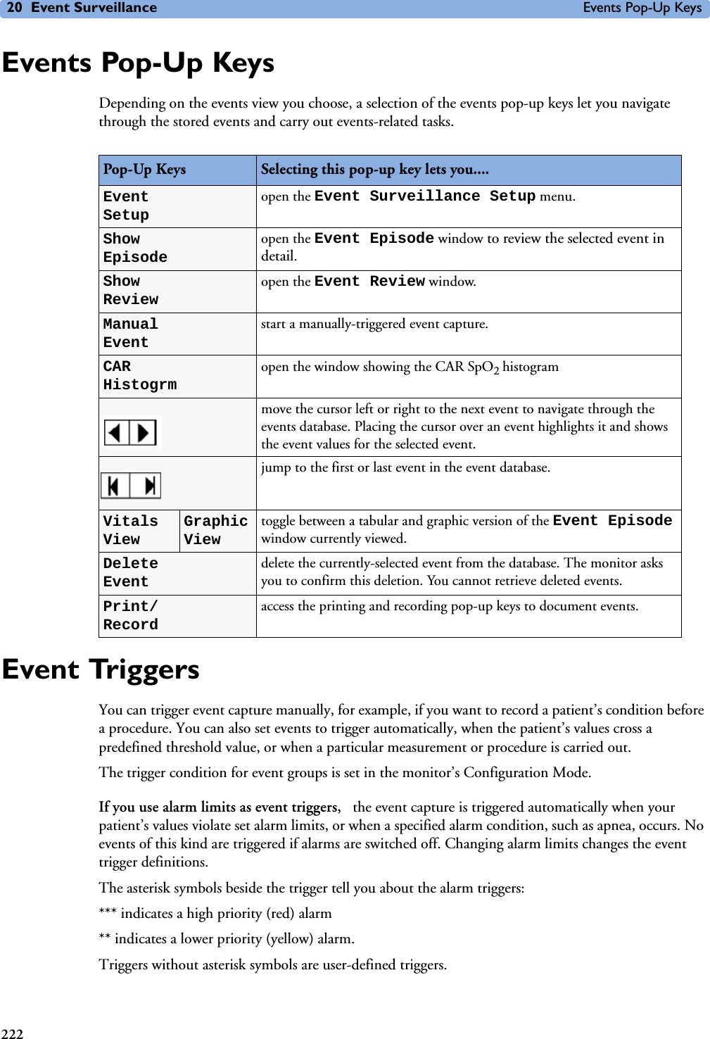 20 Event Surveillance Events Pop-Up Keys222Events Pop-Up KeysDepending on the events view you choose, a selection of the events pop-up keys let you navigate through the stored events and carry out events-related tasks.Event TriggersYou can trigger event capture manually, for example, if you want to record a patient’s condition before a procedure. You can also set events to trigger automatically, when the patient’s values cross a predefined threshold value, or when a particular measurement or procedure is carried out. The trigger condition for event groups is set in the monitor’s Configuration Mode.If you use alarm limits as event triggers,  the event capture is triggered automatically when your patient’s values violate set alarm limits, or when a specified alarm condition, such as apnea, occurs. No events of this kind are triggered if alarms are switched off. Changing alarm limits changes the event trigger definitions.The asterisk symbols beside the trigger tell you about the alarm triggers: *** indicates a high priority (red) alarm** indicates a lower priority (yellow) alarm. Triggers without asterisk symbols are user-defined triggers.Pop-Up Keys Selecting this pop-up key lets you....Event Setupopen the Event Surveillance Setup menu.Show Episodeopen the Event Episode window to review the selected event in detail. Show Reviewopen the Event Review window. ManualEvent start a manually-triggered event capture.CARHistogrmopen the window showing the CAR SpO2 histogrammove the cursor left or right to the next event to navigate through the events database. Placing the cursor over an event highlights it and shows the event values for the selected event.jump to the first or last event in the event database.Vitals ViewGraphic Viewtoggle between a tabular and graphic version of the Event Episode window currently viewed.Delete Eventdelete the currently-selected event from the database. The monitor asks you to confirm this deletion. You cannot retrieve deleted events.Print/Recordaccess the printing and recording pop-up keys to document events.