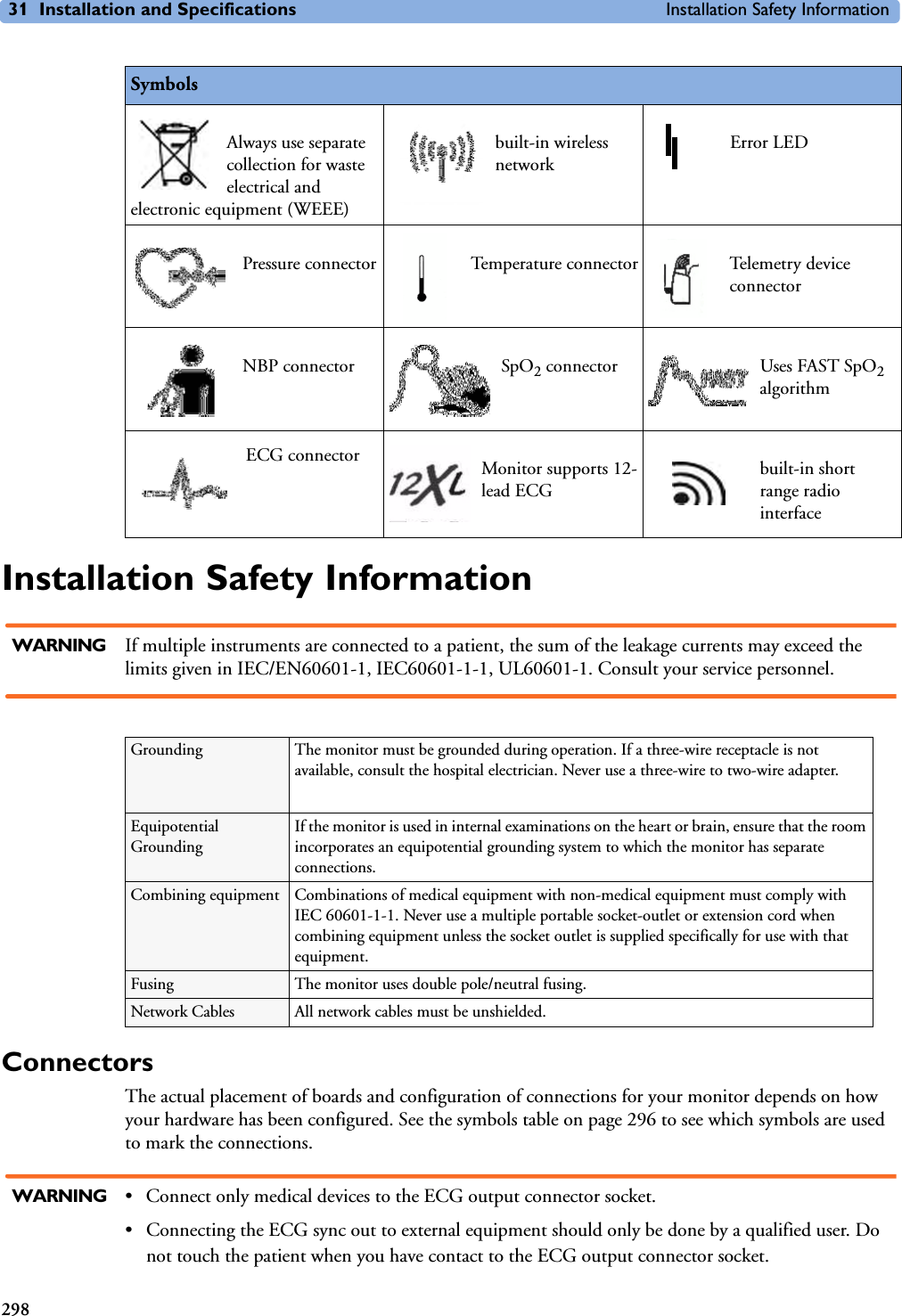 31 Installation and Specifications Installation Safety Information298Installation Safety InformationWARNING If multiple instruments are connected to a patient, the sum of the leakage currents may exceed the limits given in IEC/EN60601-1, IEC60601-1-1, UL60601-1. Consult your service personnel.ConnectorsThe actual placement of boards and configuration of connections for your monitor depends on how your hardware has been configured. See the symbols table on page 296 to see which symbols are used to mark the connections.WARNING • Connect only medical devices to the ECG output connector socket.• Connecting the ECG sync out to external equipment should only be done by a qualified user. Do not touch the patient when you have contact to the ECG output connector socket. Always use separate collection for waste electrical and electronic equipment (WEEE) built-in wireless networkError LEDPressure connector Temperature connector Telemetry device connectorNBP connector SpO2 connector Uses FAST SpO2 algorithmECG connector Monitor supports 12-lead ECGbuilt-in short range radio interfaceSymbolsGrounding The monitor must be grounded during operation. If a three-wire receptacle is not available, consult the hospital electrician. Never use a three-wire to two-wire adapter.Equipotential GroundingIf the monitor is used in internal examinations on the heart or brain, ensure that the room incorporates an equipotential grounding system to which the monitor has separate connections. Combining equipment Combinations of medical equipment with non-medical equipment must comply with IEC 60601-1-1. Never use a multiple portable socket-outlet or extension cord when combining equipment unless the socket outlet is supplied specifically for use with that equipment.Fusing The monitor uses double pole/neutral fusing.Network Cables All network cables must be unshielded.