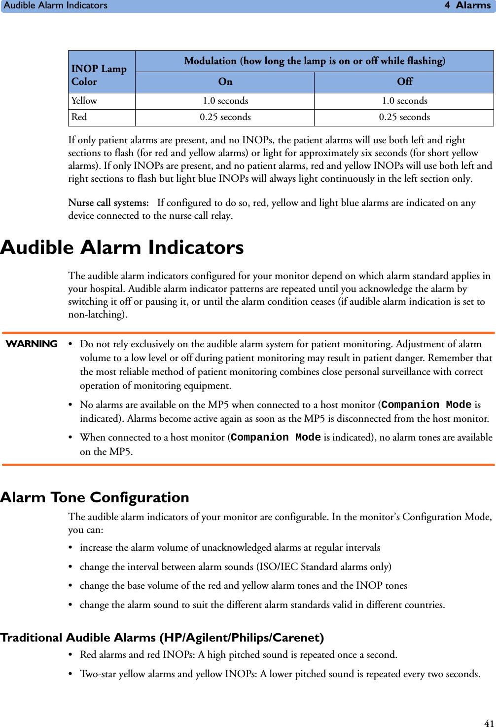 Audible Alarm Indicators 4Alarms41If only patient alarms are present, and no INOPs, the patient alarms will use both left and right sections to flash (for red and yellow alarms) or light for approximately six seconds (for short yellow alarms). If only INOPs are present, and no patient alarms, red and yellow INOPs will use both left and right sections to flash but light blue INOPs will always light continuously in the left section only.Nurse call systems:  If configured to do so, red, yellow and light blue alarms are indicated on any device connected to the nurse call relay.Audible Alarm Indicators The audible alarm indicators configured for your monitor depend on which alarm standard applies in your hospital. Audible alarm indicator patterns are repeated until you acknowledge the alarm by switching it off or pausing it, or until the alarm condition ceases (if audible alarm indication is set to non-latching).WARNING • Do not rely exclusively on the audible alarm system for patient monitoring. Adjustment of alarm volume to a low level or off during patient monitoring may result in patient danger. Remember that the most reliable method of patient monitoring combines close personal surveillance with correct operation of monitoring equipment.• No alarms are available on the MP5 when connected to a host monitor (Companion Mode is indicated). Alarms become active again as soon as the MP5 is disconnected from the host monitor.• When connected to a host monitor (Companion Mode is indicated), no alarm tones are available on the MP5.Alarm Tone Configuration The audible alarm indicators of your monitor are configurable. In the monitor’s Configuration Mode, you can:• increase the alarm volume of unacknowledged alarms at regular intervals• change the interval between alarm sounds (ISO/IEC Standard alarms only)• change the base volume of the red and yellow alarm tones and the INOP tones• change the alarm sound to suit the different alarm standards valid in different countries.Traditional Audible Alarms (HP/Agilent/Philips/Carenet)• Red alarms and red INOPs: A high pitched sound is repeated once a second. • Two-star yellow alarms and yellow INOPs: A lower pitched sound is repeated every two seconds.INOP Lamp ColorModulation (how long the lamp is on or off while flashing)On OffYellow 1.0 seconds 1.0 secondsRed 0.25 seconds 0.25 seconds