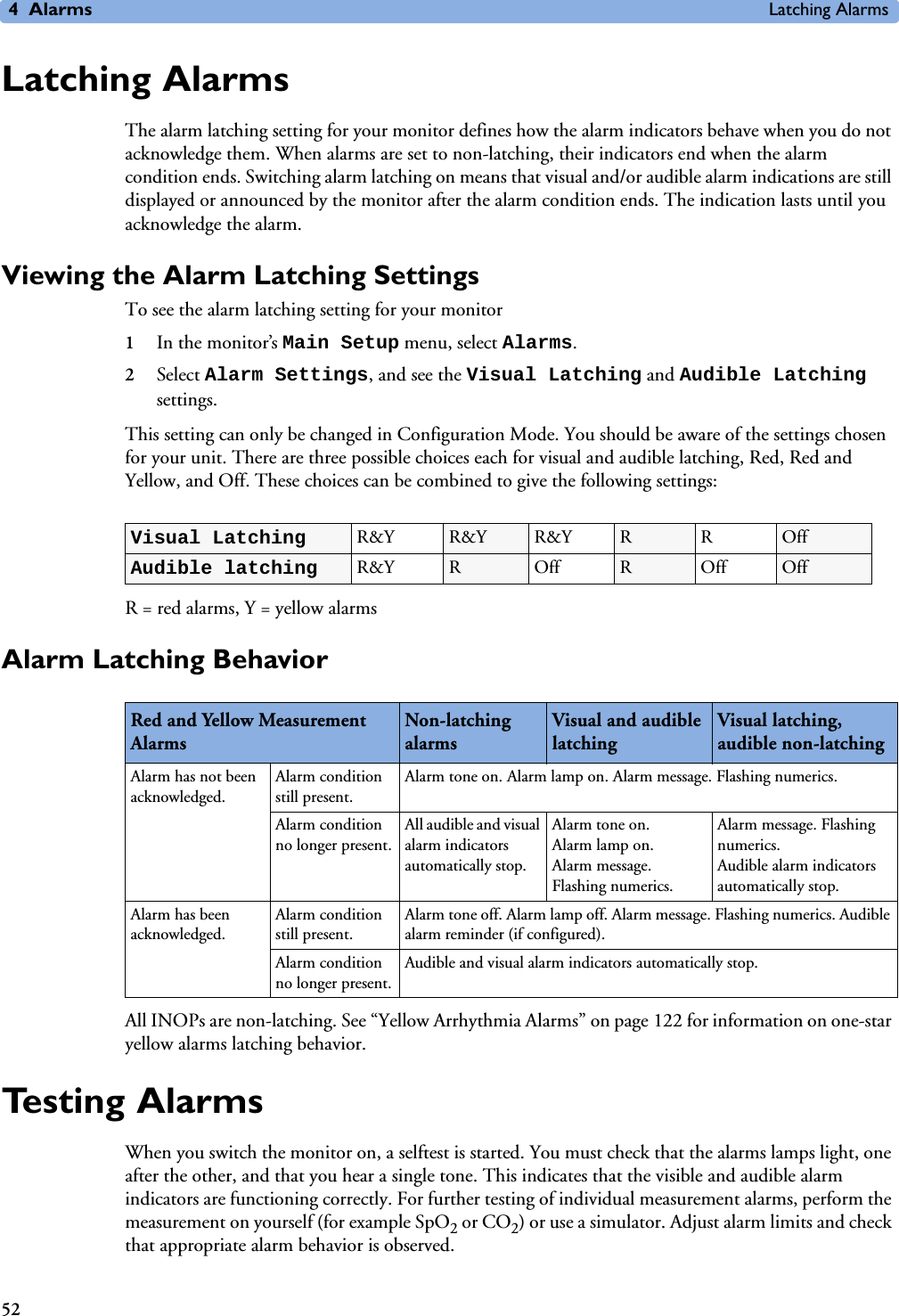 4Alarms Latching Alarms52Latching AlarmsThe alarm latching setting for your monitor defines how the alarm indicators behave when you do not acknowledge them. When alarms are set to non-latching, their indicators end when the alarm condition ends. Switching alarm latching on means that visual and/or audible alarm indications are still displayed or announced by the monitor after the alarm condition ends. The indication lasts until you acknowledge the alarm. Viewing the Alarm Latching SettingsTo see the alarm latching setting for your monitor 1In the monitor’s Main Setup menu, select Alarms.2Select Alarm Settings, and see the Visual Latching and Audible Latching settings.This setting can only be changed in Configuration Mode. You should be aware of the settings chosen for your unit. There are three possible choices each for visual and audible latching, Red, Red and Yellow, and Off. These choices can be combined to give the following settings:R = red alarms, Y = yellow alarmsAlarm Latching BehaviorAll INOPs are non-latching. See “Yellow Arrhythmia Alarms” on page 122 for information on one-star yellow alarms latching behavior. Te s t i n g  A l a r m sWhen you switch the monitor on, a selftest is started. You must check that the alarms lamps light, one after the other, and that you hear a single tone. This indicates that the visible and audible alarm indicators are functioning correctly. For further testing of individual measurement alarms, perform the measurement on yourself (for example SpO2 or CO2) or use a simulator. Adjust alarm limits and check that appropriate alarm behavior is observed.Visual Latching R&amp;Y R&amp;Y R&amp;Y RROffAudible latching R&amp;Y ROffROffOffRed and Yellow Measurement AlarmsNon-latching alarmsVisual and audible latchingVisual latching, audible non-latchingAlarm has not been acknowledged.Alarm condition still present.Alarm tone on. Alarm lamp on. Alarm message. Flashing numerics.Alarm condition no longer present.All audible and visual alarm indicators automatically stop.Alarm tone on.Alarm lamp on. Alarm message. Flashing numerics. Alarm message. Flashing numerics.Audible alarm indicators automatically stop. Alarm has been acknowledged.Alarm condition still present.Alarm tone off. Alarm lamp off. Alarm message. Flashing numerics. Audible alarm reminder (if configured). Alarm condition no longer present.Audible and visual alarm indicators automatically stop.
