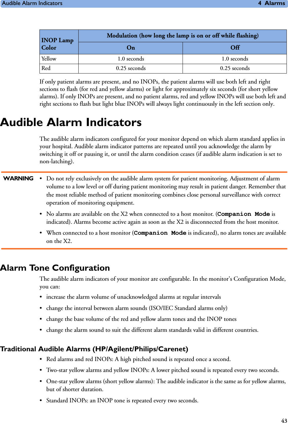 Audible Alarm Indicators 4Alarms43If only patient alarms are present, and no INOPs, the patient alarms will use both left and right sections to flash (for red and yellow alarms) or light for approximately six seconds (for short yellow alarms). If only INOPs are present, and no patient alarms, red and yellow INOPs will use both left and right sections to flash but light blue INOPs will always light continuously in the left section only.Audible Alarm Indicators The audible alarm indicators configured for your monitor depend on which alarm standard applies in your hospital. Audible alarm indicator patterns are repeated until you acknowledge the alarm by switching it off or pausing it, or until the alarm condition ceases (if audible alarm indication is set to non-latching).WARNING • Do not rely exclusively on the audible alarm system for patient monitoring. Adjustment of alarm volume to a low level or off during patient monitoring may result in patient danger. Remember that the most reliable method of patient monitoring combines close personal surveillance with correct operation of monitoring equipment.• No alarms are available on the X2 when connected to a host monitor. (Companion Mode is indicated). Alarms become active again as soon as the X2 is disconnected from the host monitor.• When connected to a host monitor (Companion Mode is indicated), no alarm tones are available on the X2.Alarm Tone Configuration The audible alarm indicators of your monitor are configurable. In the monitor’s Configuration Mode, you can:• increase the alarm volume of unacknowledged alarms at regular intervals• change the interval between alarm sounds (ISO/IEC Standard alarms only)• change the base volume of the red and yellow alarm tones and the INOP tones• change the alarm sound to suit the different alarm standards valid in different countries.Traditional Audible Alarms (HP/Agilent/Philips/Carenet)• Red alarms and red INOPs: A high pitched sound is repeated once a second. • Two-star yellow alarms and yellow INOPs: A lower pitched sound is repeated every two seconds.• One-star yellow alarms (short yellow alarms): The audible indicator is the same as for yellow alarms, but of shorter duration.• Standard INOPs: an INOP tone is repeated every two seconds.INOP Lamp ColorModulation (how long the lamp is on or off while flashing)On OffYellow 1.0 seconds 1.0 secondsRed 0.25 seconds 0.25 seconds