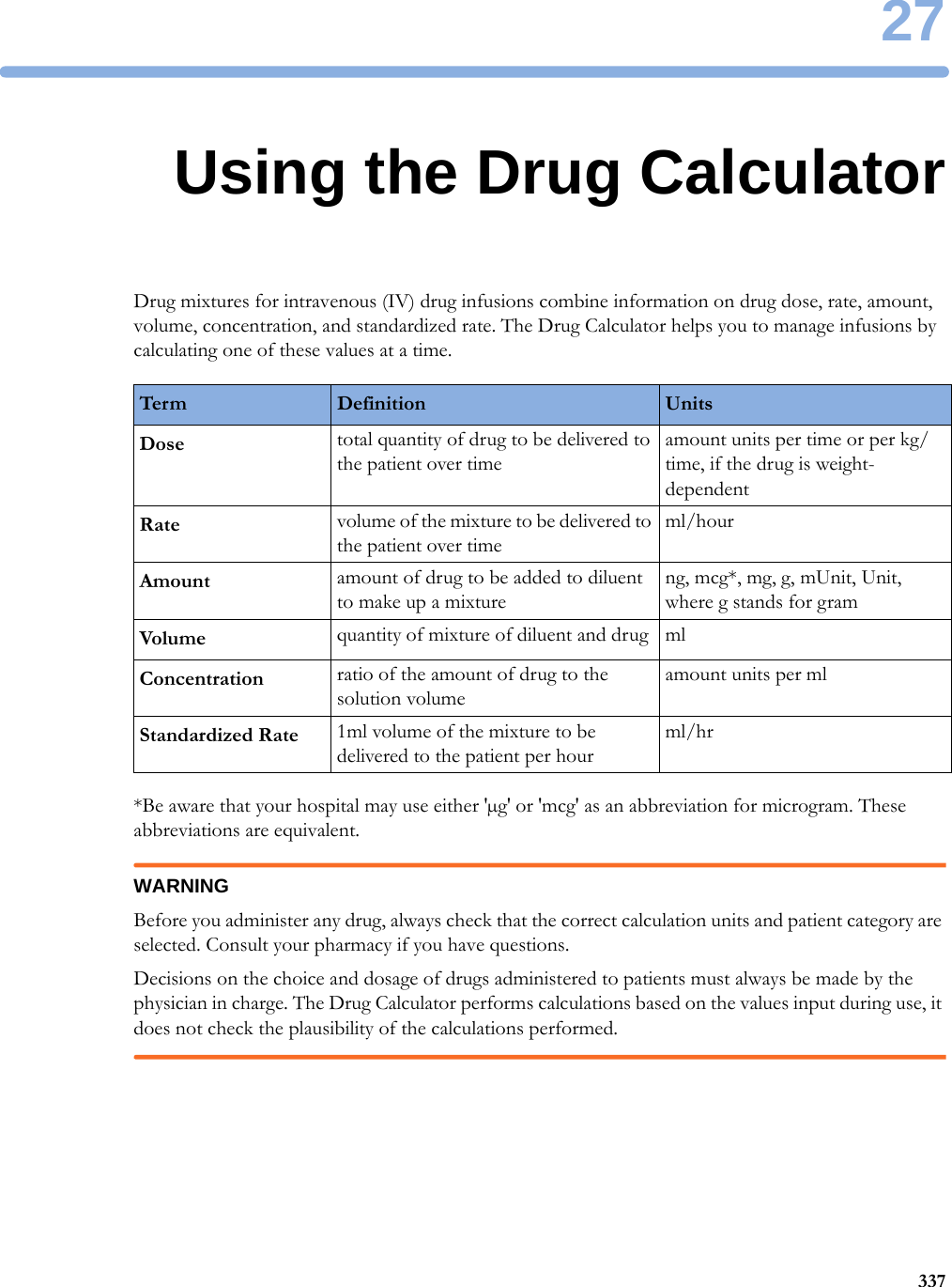 2733727Using the Drug CalculatorDrug mixtures for intravenous (IV) drug infusions combine information on drug dose, rate, amount, volume, concentration, and standardized rate. The Drug Calculator helps you to manage infusions by calculating one of these values at a time.*Be aware that your hospital may use either &apos;µg&apos; or &apos;mcg&apos; as an abbreviation for microgram. These abbreviations are equivalent.WARNINGBefore you administer any drug, always check that the correct calculation units and patient category are selected. Consult your pharmacy if you have questions.Decisions on the choice and dosage of drugs administered to patients must always be made by the physician in charge. The Drug Calculator performs calculations based on the values input during use, it does not check the plausibility of the calculations performed.Ter m Definition UnitsDose total quantity of drug to be delivered to the patient over timeamount units per time or per kg/time, if the drug is weight-dependentRate volume of the mixture to be delivered to the patient over timeml/hourAmount amount of drug to be added to diluent to make up a mixtureng, mcg*, mg, g, mUnit, Unit, where g stands for gramVolume quantity of mixture of diluent and drug mlConcentration ratio of the amount of drug to the solution volumeamount units per mlStandardized Rate 1ml volume of the mixture to be delivered to the patient per hourml/hr