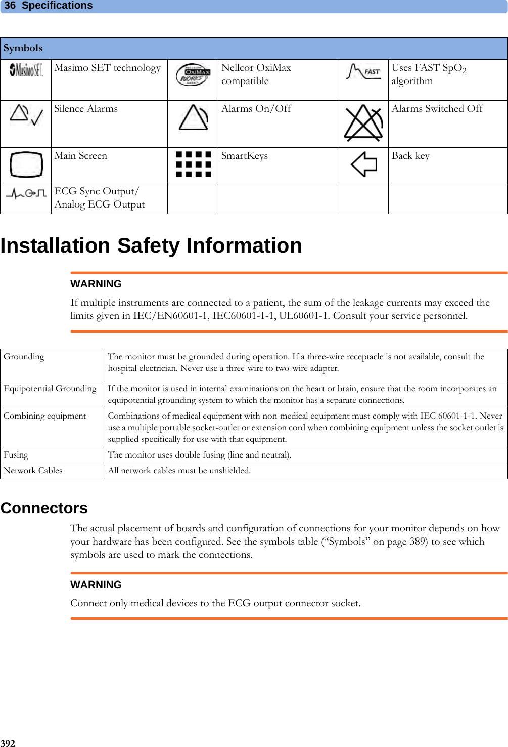 36 Specifications392Installation Safety InformationWARNINGIf multiple instruments are connected to a patient, the sum of the leakage currents may exceed the limits given in IEC/EN60601-1, IEC60601-1-1, UL60601-1. Consult your service personnel.ConnectorsThe actual placement of boards and configuration of connections for your monitor depends on how your hardware has been configured. See the symbols table (“Symbols” on page 389) to see which symbols are used to mark the connections.WARNINGConnect only medical devices to the ECG output connector socket.Masimo SET technology Nellcor OxiMax compatibleUses FAST SpO2 algorithmSilence Alarms Alarms On/Off Alarms Switched OffMain Screen SmartKeys Back keyECG Sync Output/Analog ECG Output SymbolsGrounding The monitor must be grounded during operation. If a three-wire receptacle is not available, consult the hospital electrician. Never use a three-wire to two-wire adapter.Equipotential Grounding If the monitor is used in internal examinations on the heart or brain, ensure that the room incorporates an equipotential grounding system to which the monitor has a separate connections.Combining equipment Combinations of medical equipment with non-medical equipment must comply with IEC 60601-1-1. Never use a multiple portable socket-outlet or extension cord when combining equipment unless the socket outlet is supplied specifically for use with that equipment.Fusing The monitor uses double fusing (line and neutral).Network Cables All network cables must be unshielded.